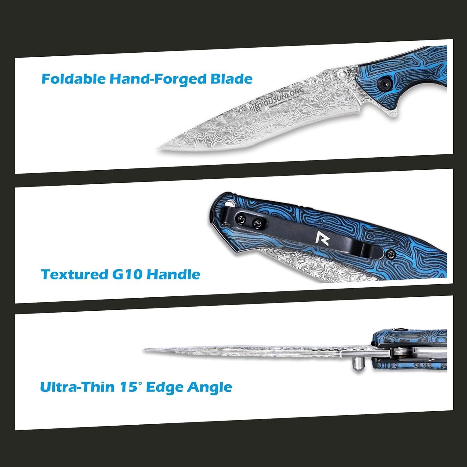 Cuchillo Plegable Damasco Martillado YOUSUNLONG 21cm Azul