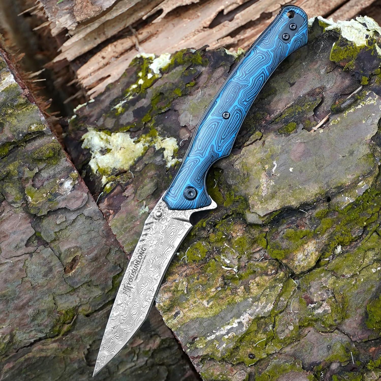 Cuchillo Plegable Damasco Martillado YOUSUNLONG 21cm Azul
