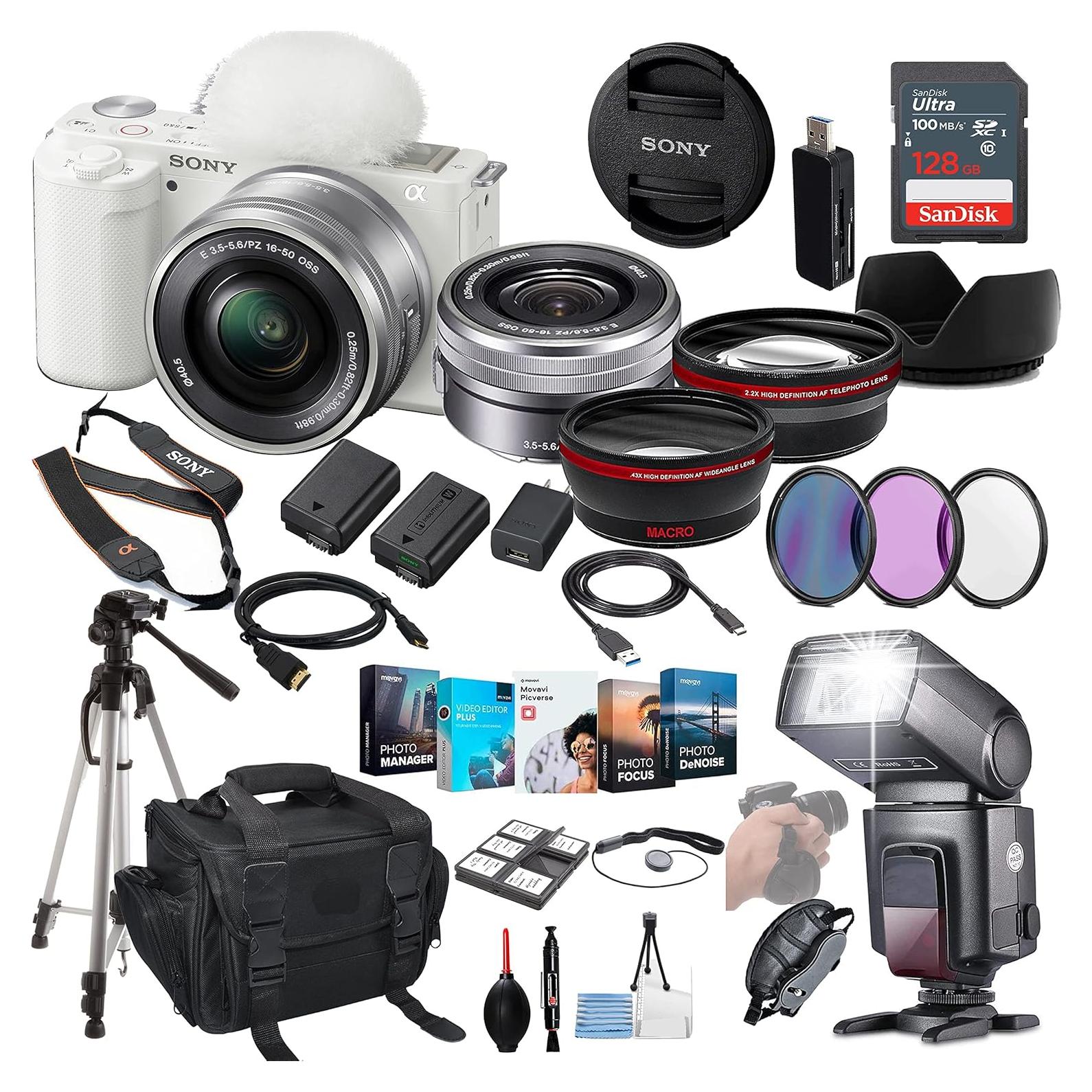 ZV-E10 Mirrorless Camera with 16-50mm Lens (White) Bundle - ILCZV-E10L/W + Prime Accessory Package Including 128GB Memory, TTL Flash, Battery, Editing Software Package, Auxiliary Lenses & More