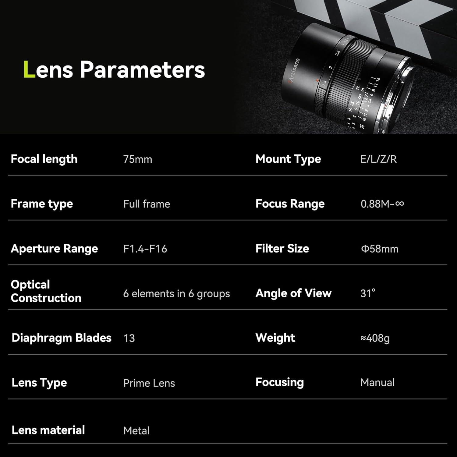 Lente Prime 7artisans 75mm F1.4 para Montura Nikon Z