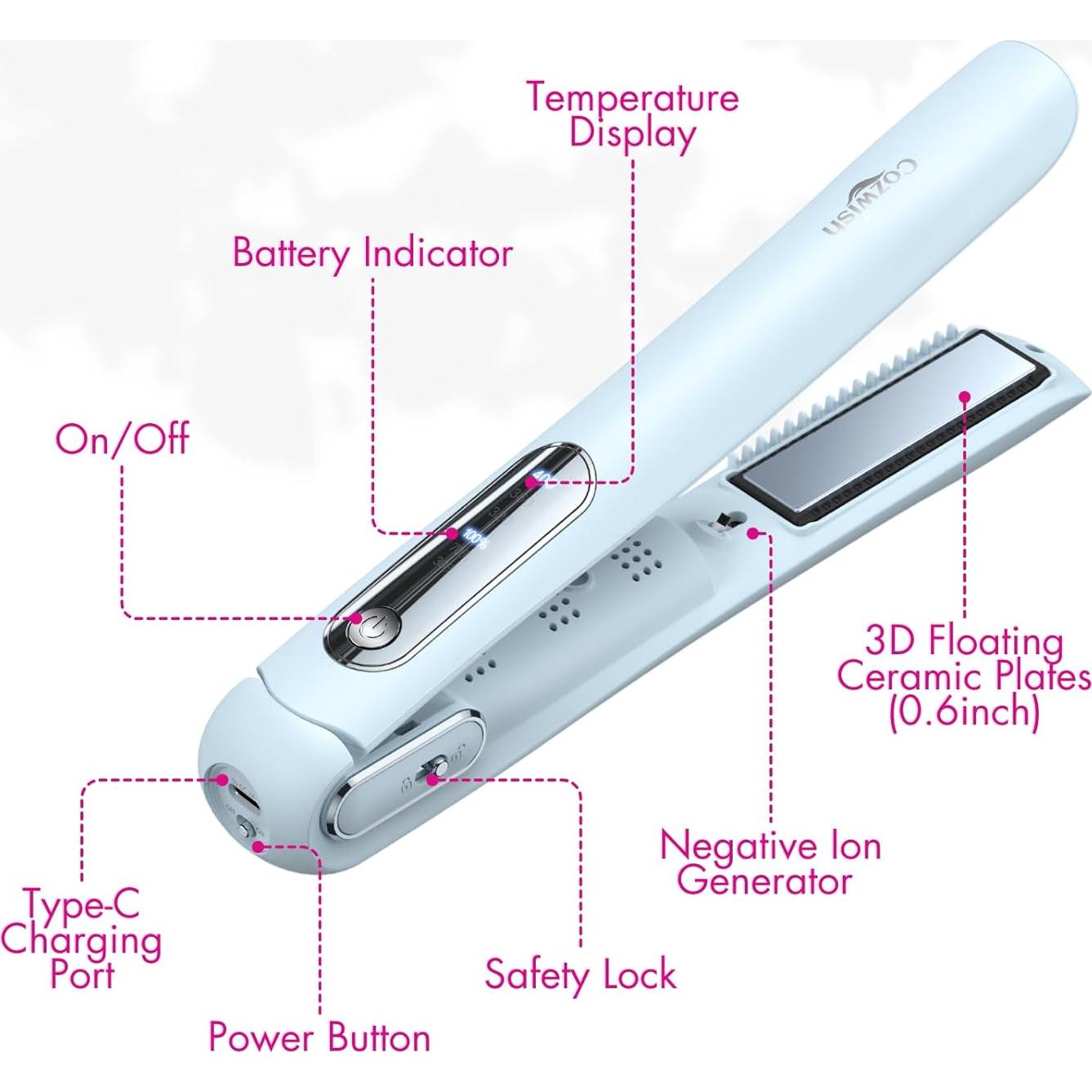 Plancha y Rizador Inalámbrico Cozwish 2 en 1 Azul
