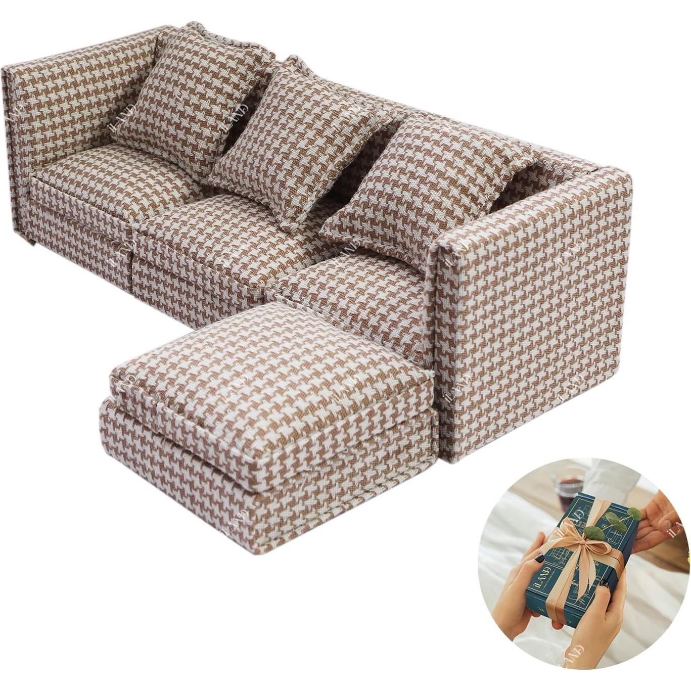 Sofá Seccional Miniatura iLAND Houndstooth Marrón 1:12