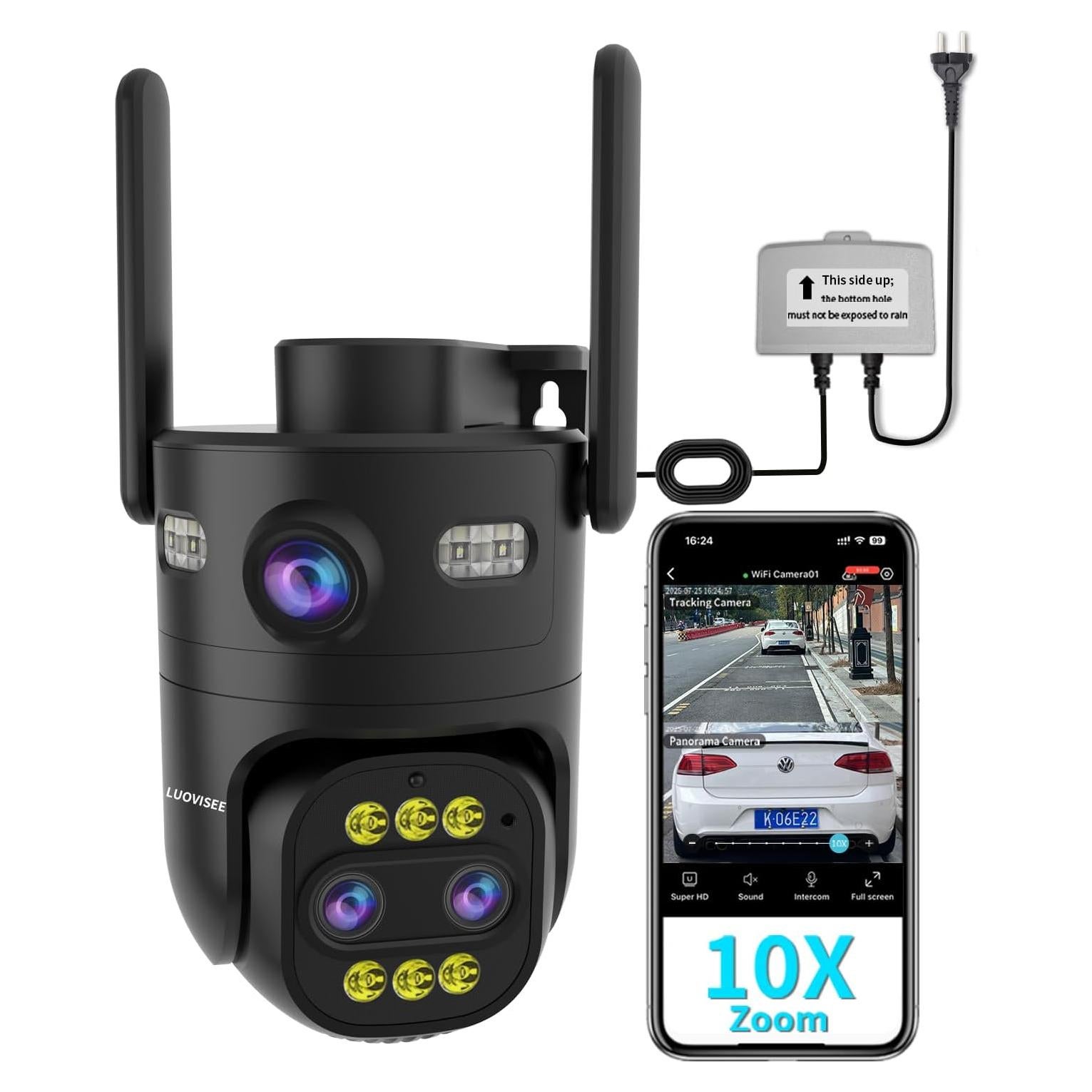 Cámara de Seguridad Exterior LUOVISEE QC15, 3 Lentes, Zoom 10X, WiFi