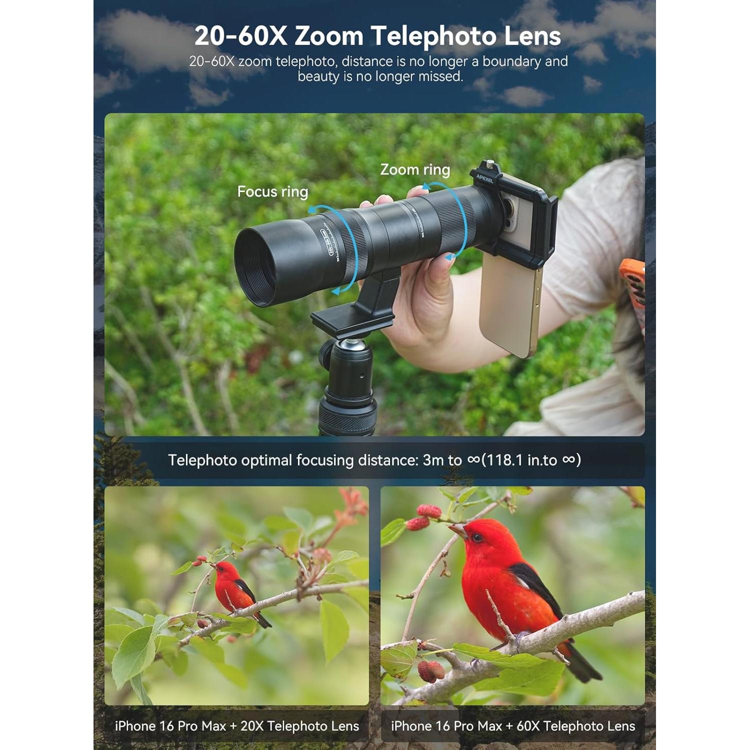 Lente Telefoto Zoom MIAO LAB 20-60X para Smartphone con Trípode