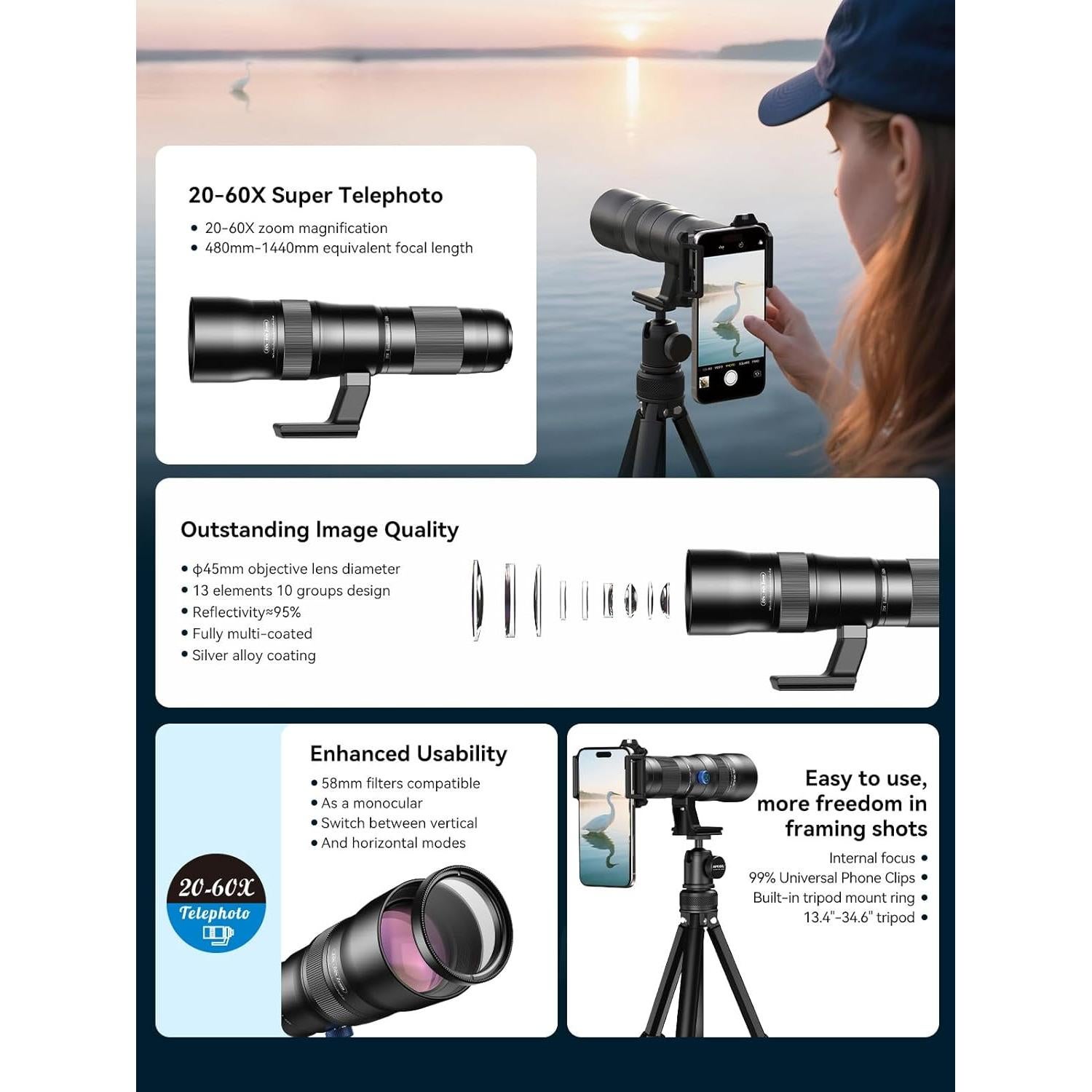 Lente Telefoto Zoom MIAO LAB 20-60X para Smartphone con Trípode