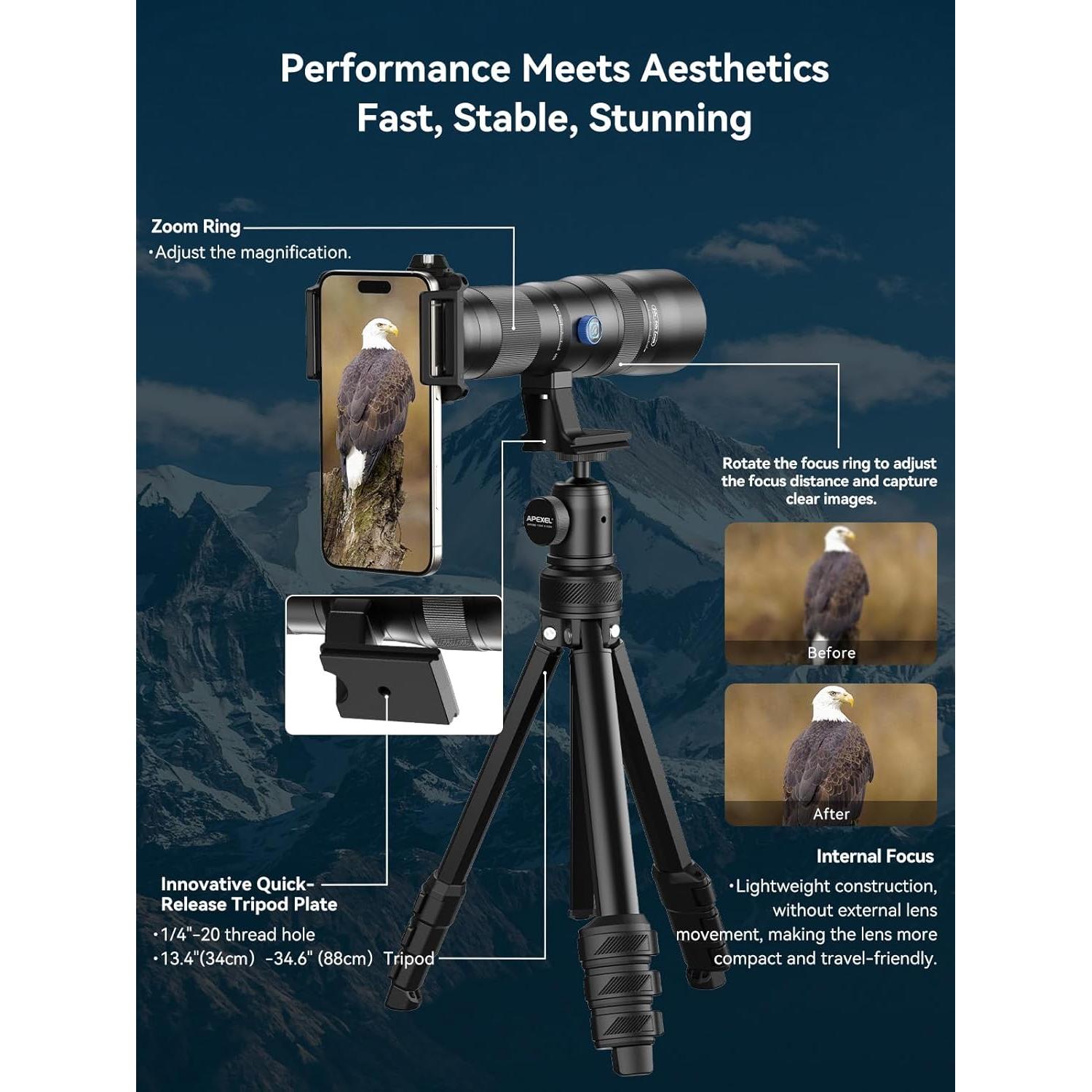 Lente Telefoto Zoom MIAO LAB 20-60X para Smartphone con Trípode