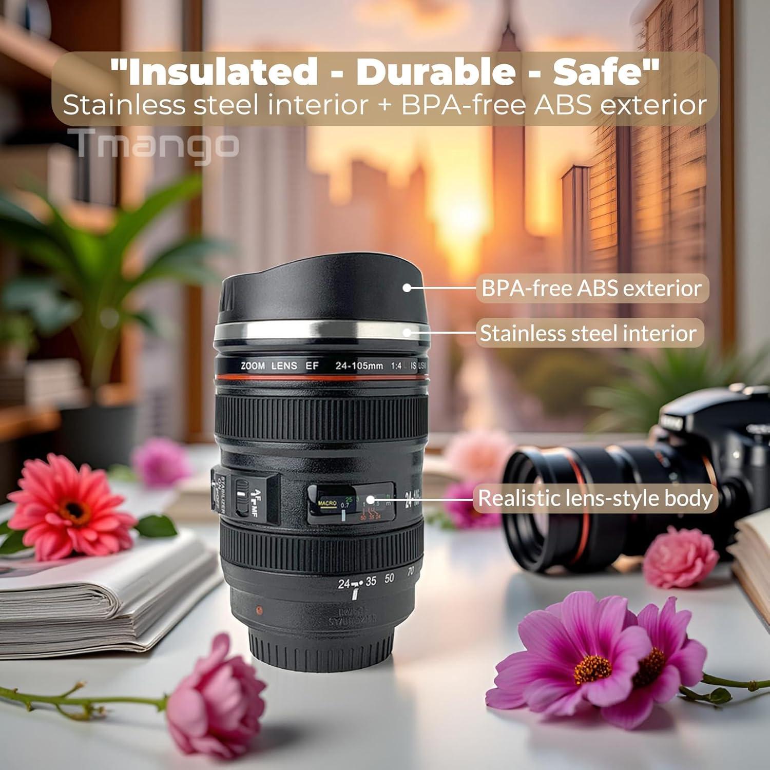 Taza de Lente de Cámara TMANGO 400ml con Tapa Deslizante