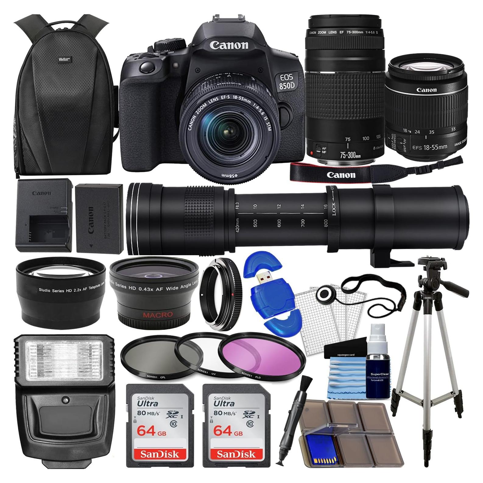 Cámara DSLR Canon EOS 850D 24.1MP + Lentes 18-55mm y 75-300mm