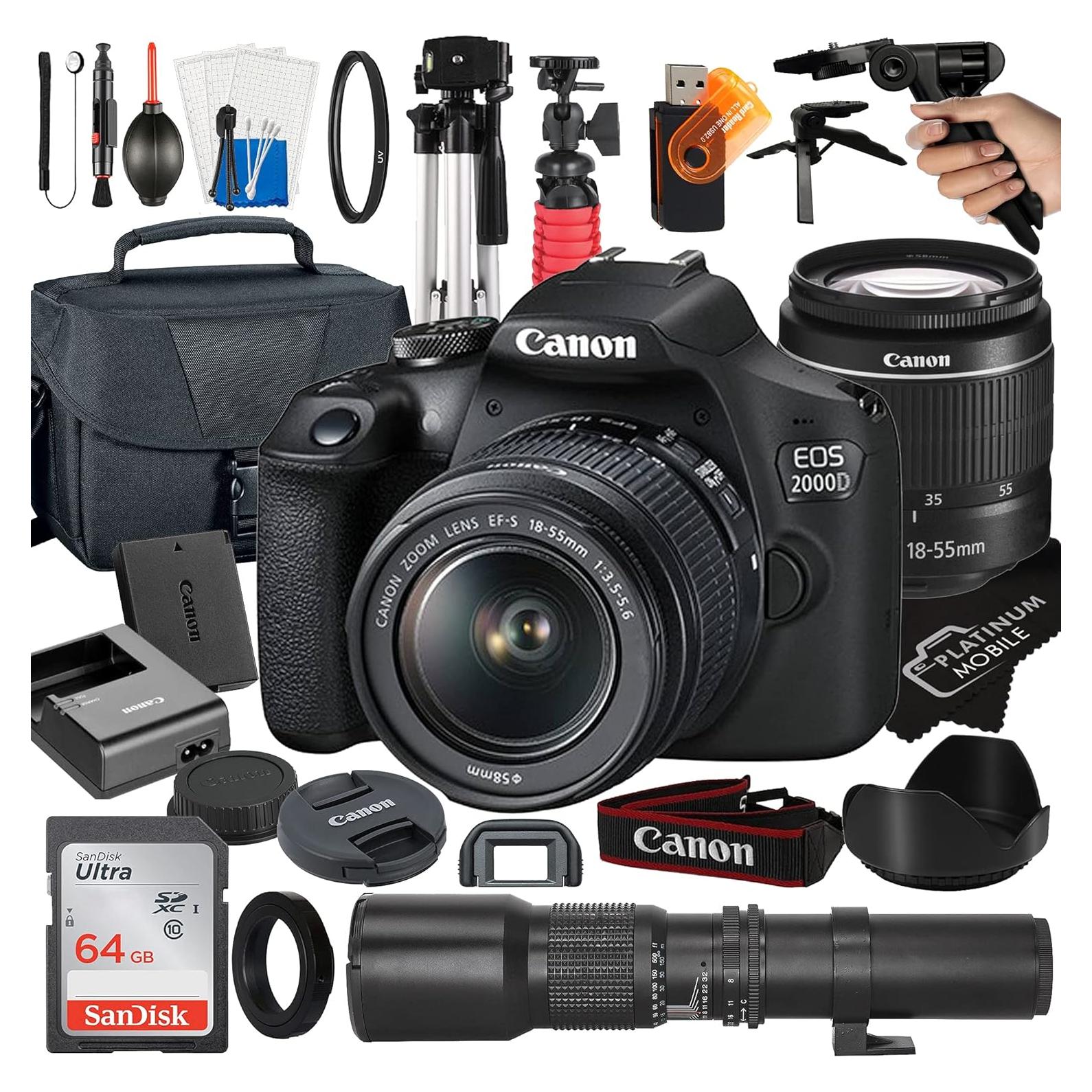 Cámara DSLR Canon EOS 2000D + Lentes 18-55mm y 500mm