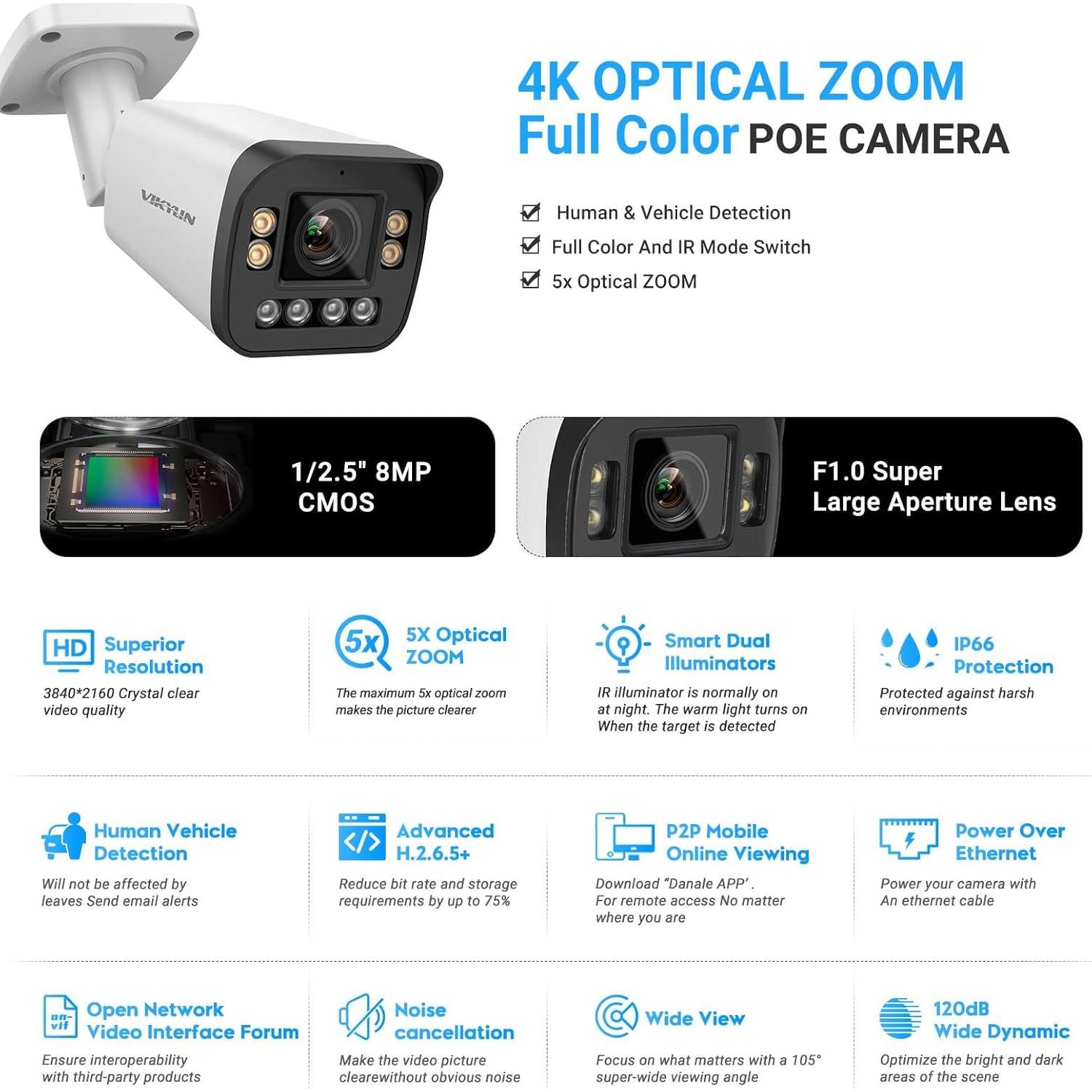 VIKYLIN 4K Optical Zoom IP Camera/8MP Full Color 5X Outdoor Varifocal Bullet PoE Camera 2.7~13.5mm Lens,Smart Dual Light, 2- Way Audio,SD256GB,AI Human/Vehicle Detection