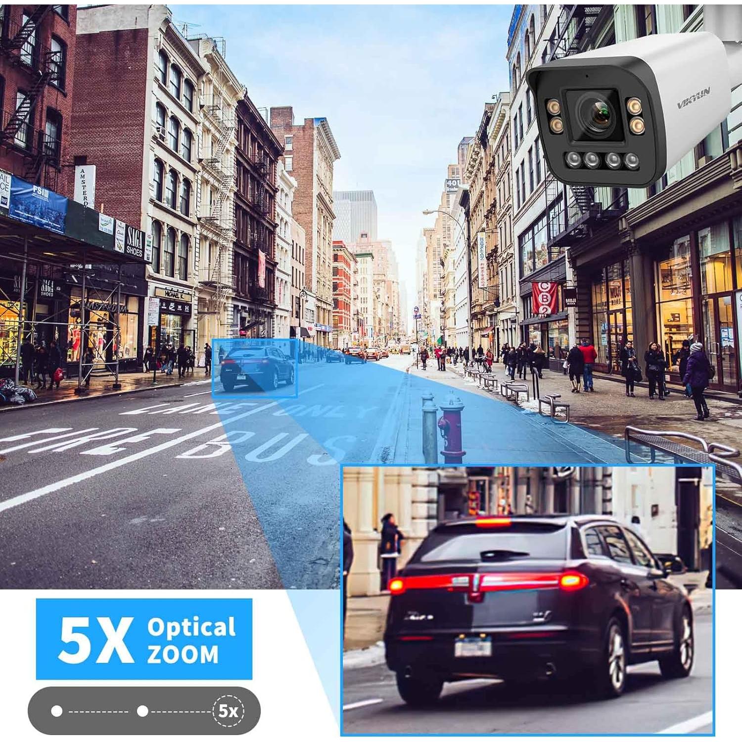 VIKYLIN 4K Optical Zoom IP Camera/8MP Full Color 5X Outdoor Varifocal Bullet PoE Camera 2.7~13.5mm Lens,Smart Dual Light, 2- Way Audio,SD256GB,AI Human/Vehicle Detection