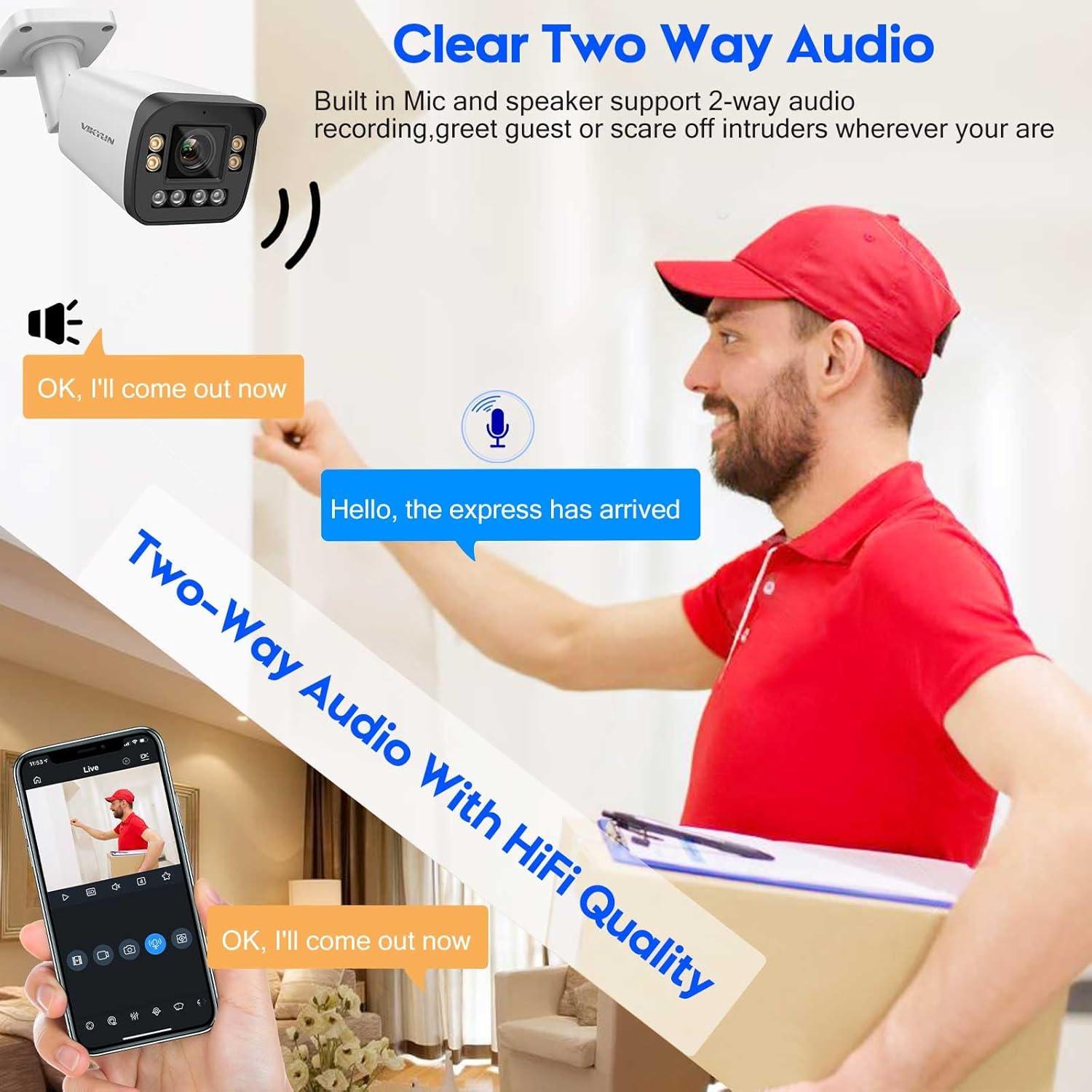 VIKYLIN 4K Optical Zoom IP Camera/8MP Full Color 5X Outdoor Varifocal Bullet PoE Camera 2.7~13.5mm Lens,Smart Dual Light, 2- Way Audio,SD256GB,AI Human/Vehicle Detection