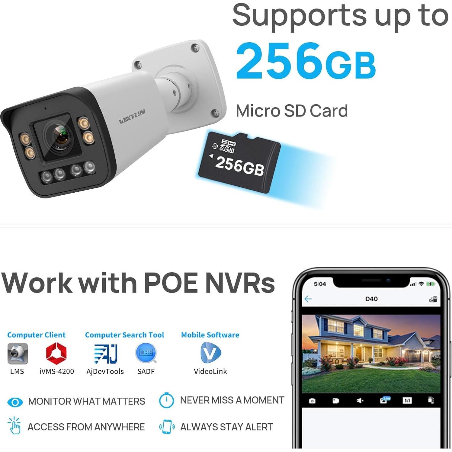 VIKYLIN 4K Optical Zoom IP Camera/8MP Full Color 5X Outdoor Varifocal Bullet PoE Camera 2.7~13.5mm Lens,Smart Dual Light, 2- Way Audio,SD256GB,AI Human/Vehicle Detection