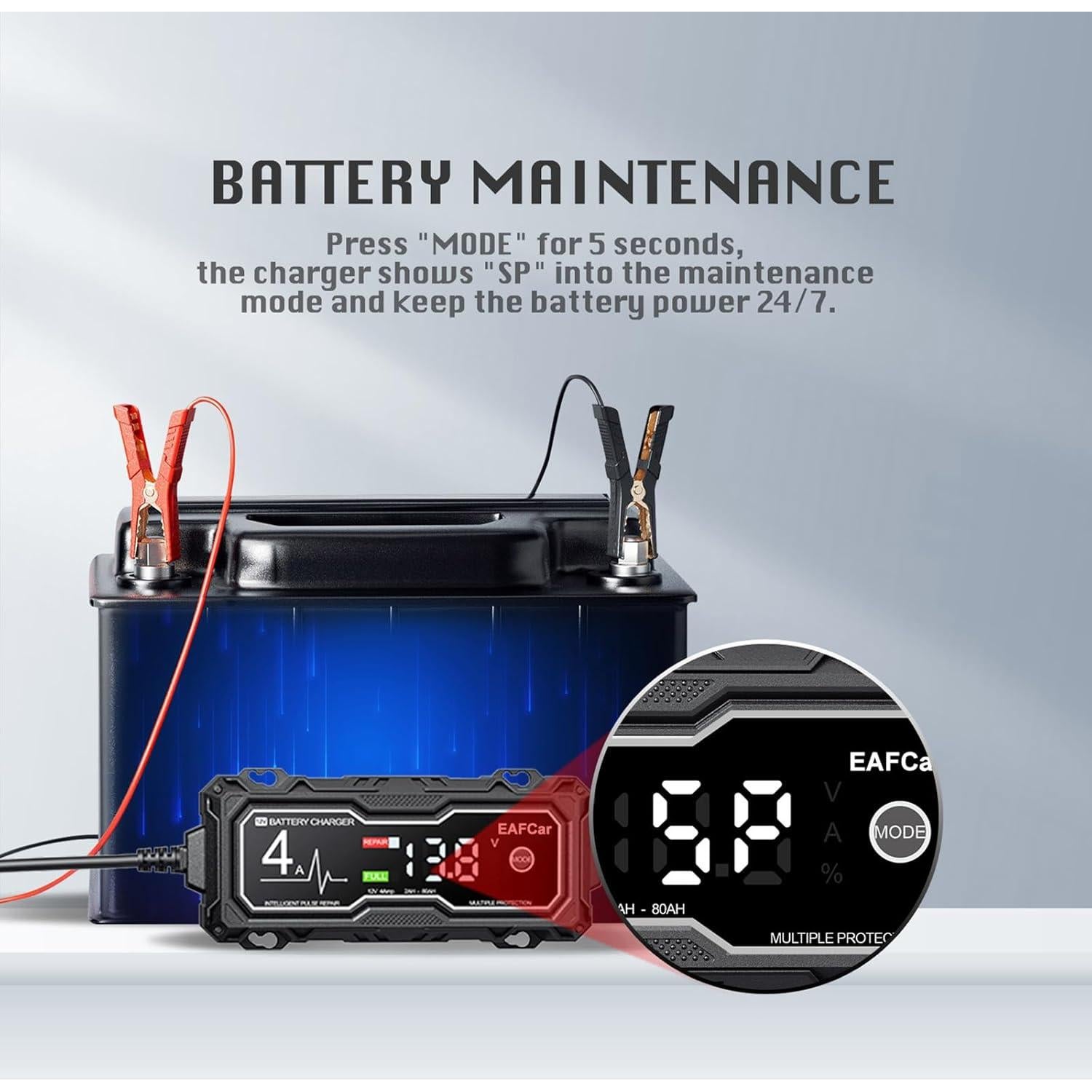 Cargador de Batería 12V EAFCar 4A con Pantalla LCD y Seguridad