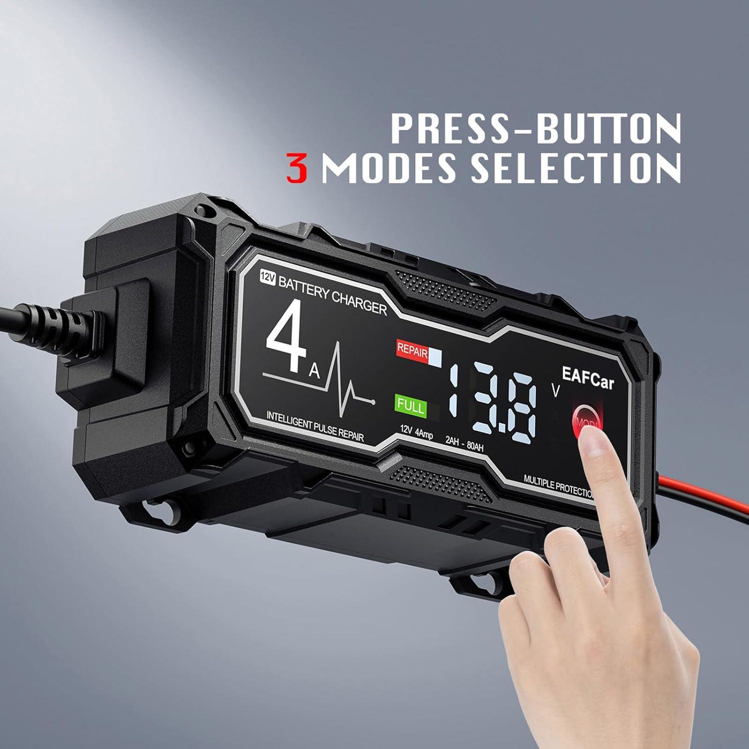 Cargador de Batería 12V EAFCar 4A con Pantalla LCD y Seguridad