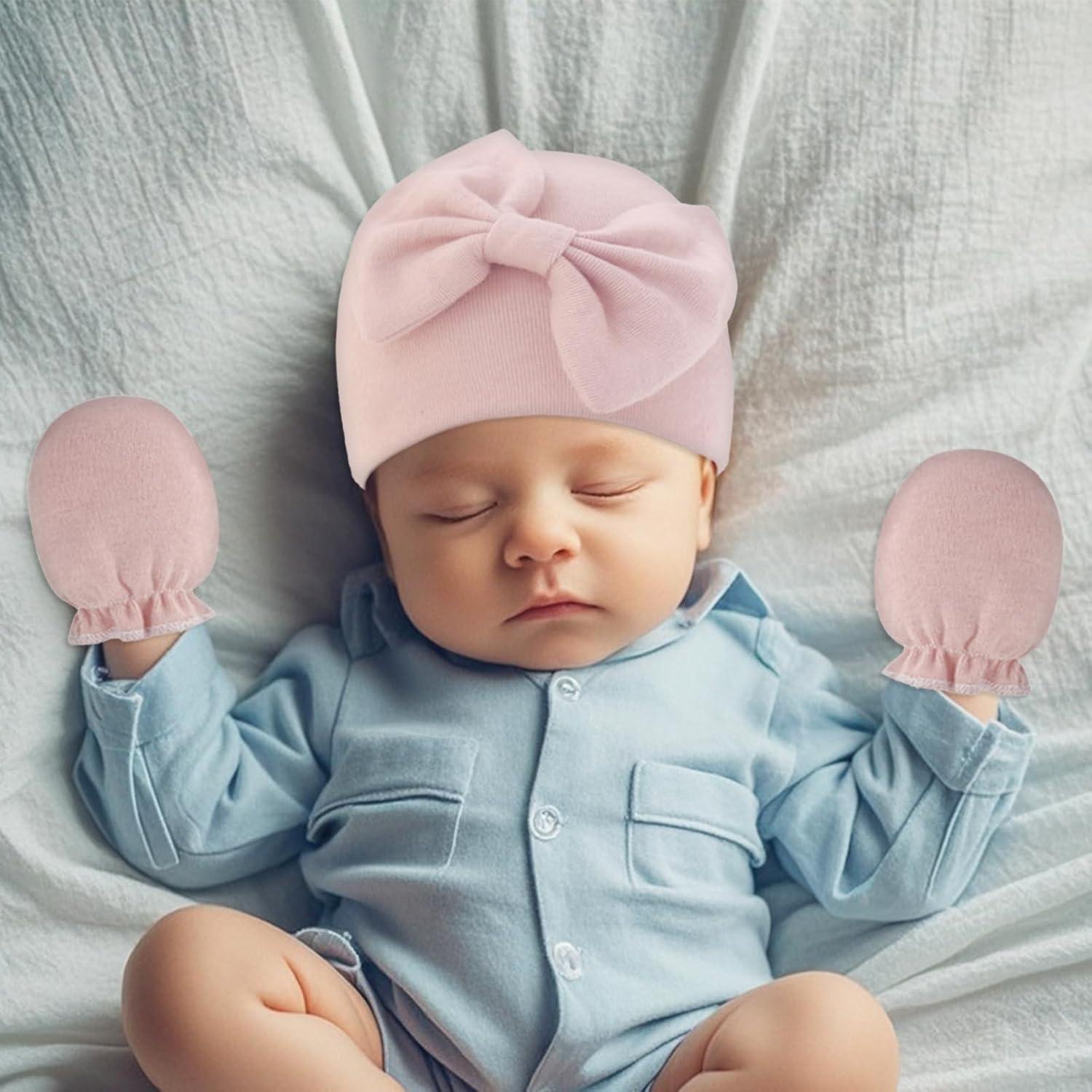 Conjunto de Gorro y Manoplas para Bebés Niñas con Lazo - Algodón Suave