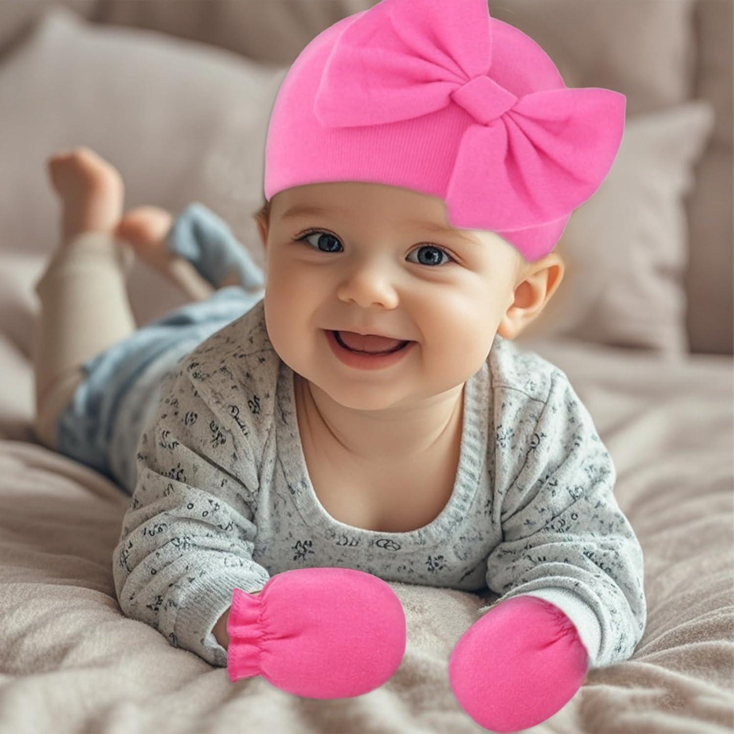 Conjunto de Gorro y Manoplas para Bebés Niñas con Lazo - Algodón Suave