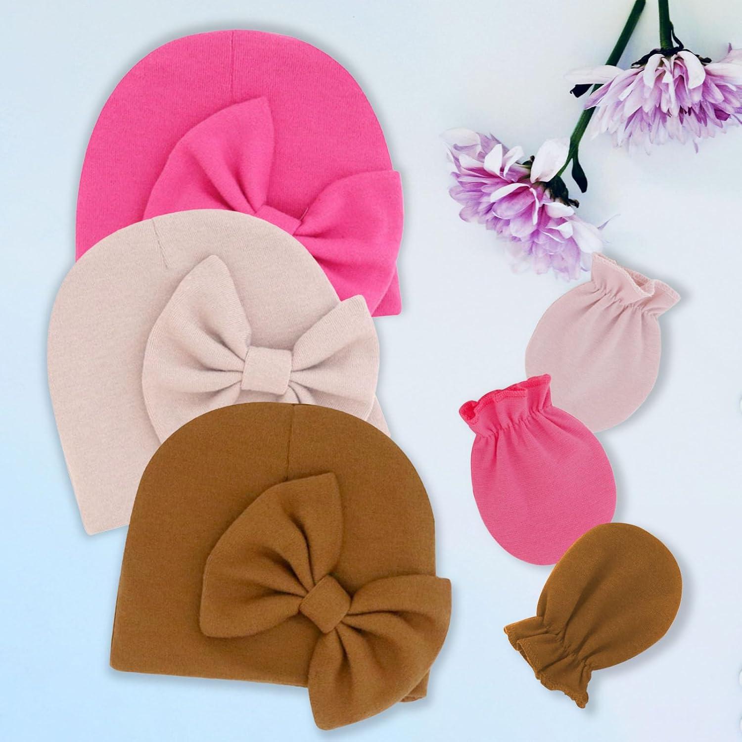 Conjunto de Gorro y Manoplas para Bebés Niñas con Lazo - Algodón Suave