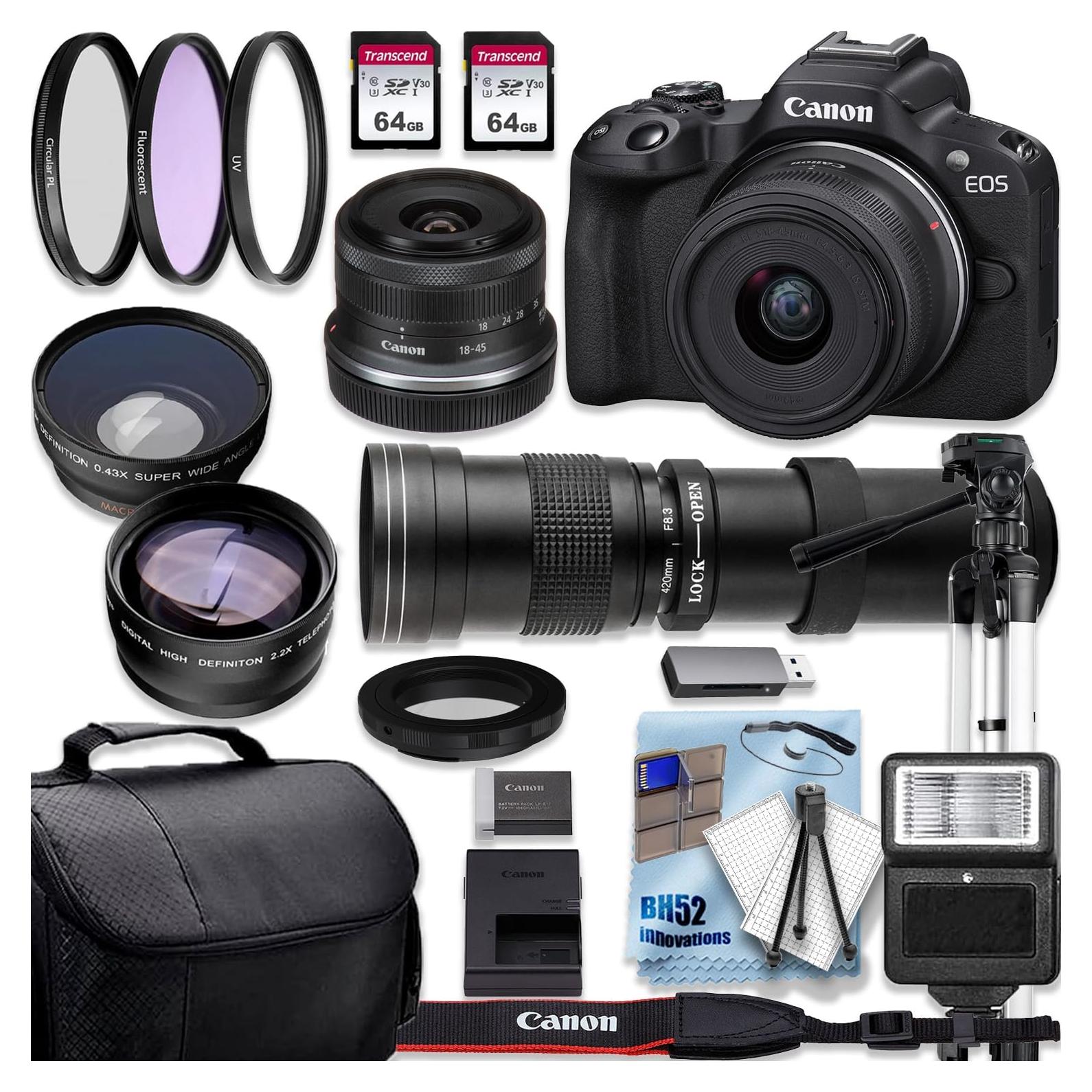 Cámara Sin Espejo Canon EOS R50 24.2MP 4K + Lentes 18-45mm y 420-800mm