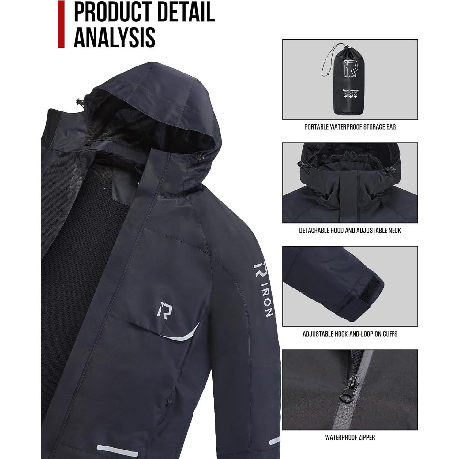 Traje de Lluvia Impermeable RIDEIRON para Motocicleta Grande Negro