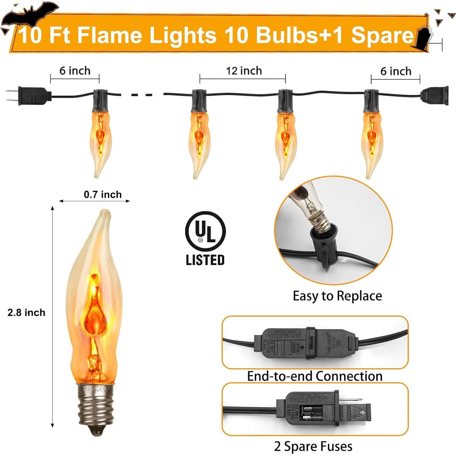 Luces de Cuerda de Llama Parpadeante C18 10FT Negro 1W E12