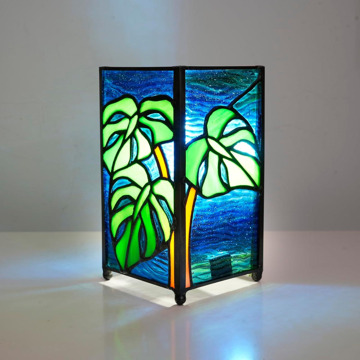 Lámpara de Mesa Tiffany Monstera Deliciosa Vidrio Templado 16cm