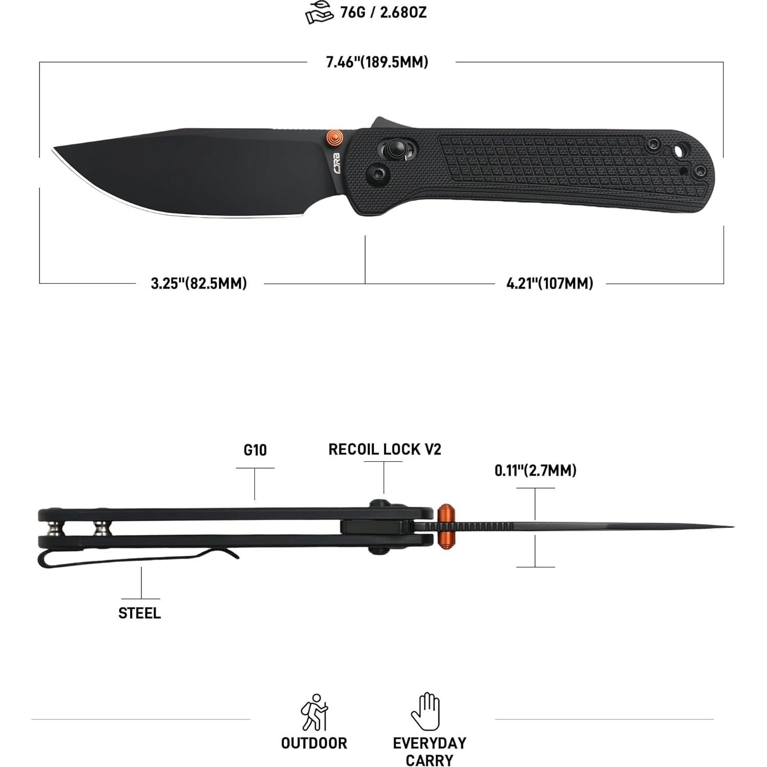 Cuchillo Plegable CJRB Bolt 3.25" Acero AR-RPM9 Mango G10 Negro