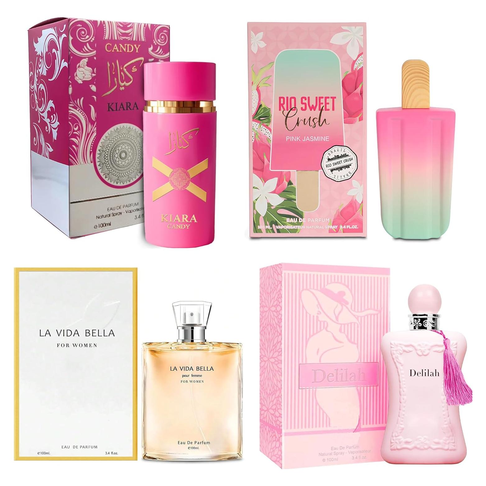 4PCS Perfume Set for Women - Floral Fragrance Gift Set with Vanilla,Sweet Fruity Eau De Parfume| 3.4 Fl Oz Each(Rio Sweet Crush Jasmine,Ka Candy,Delilah,La Vida Bella)