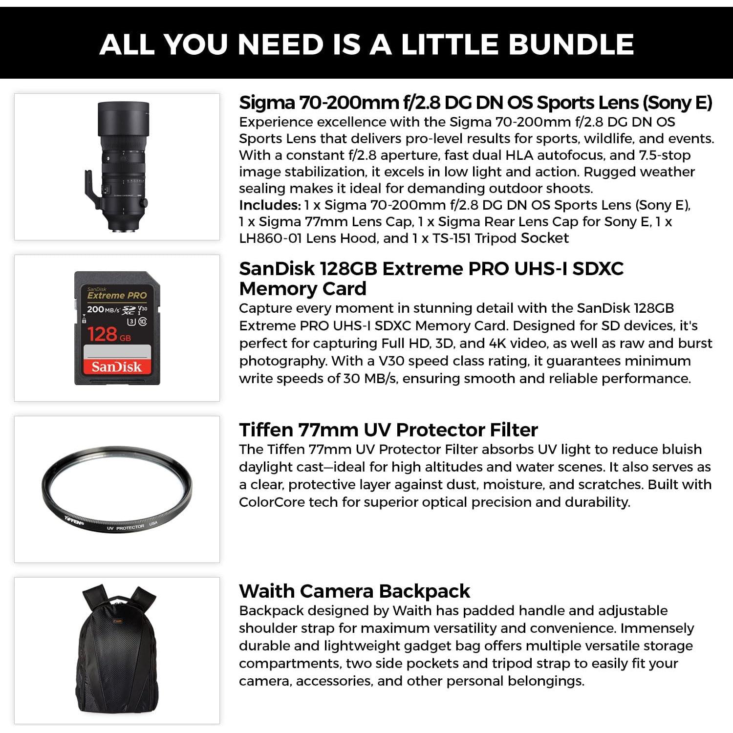 Lente Sigma 70-200mm f/2.8 DG DN OS para Sony E + Filtro UV 77mm + Tarjeta SD 128GB + Mochila