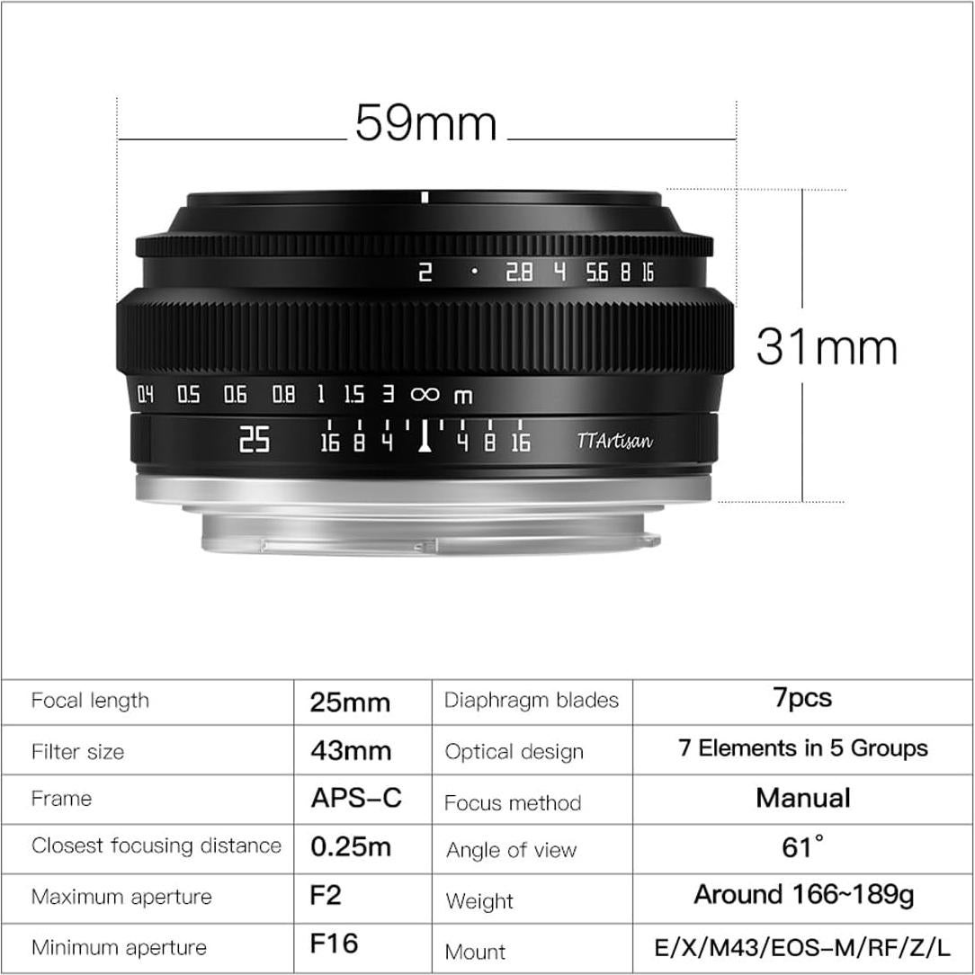 Lente TTArtisan 25mm F2 para Montura Sony E - Negro