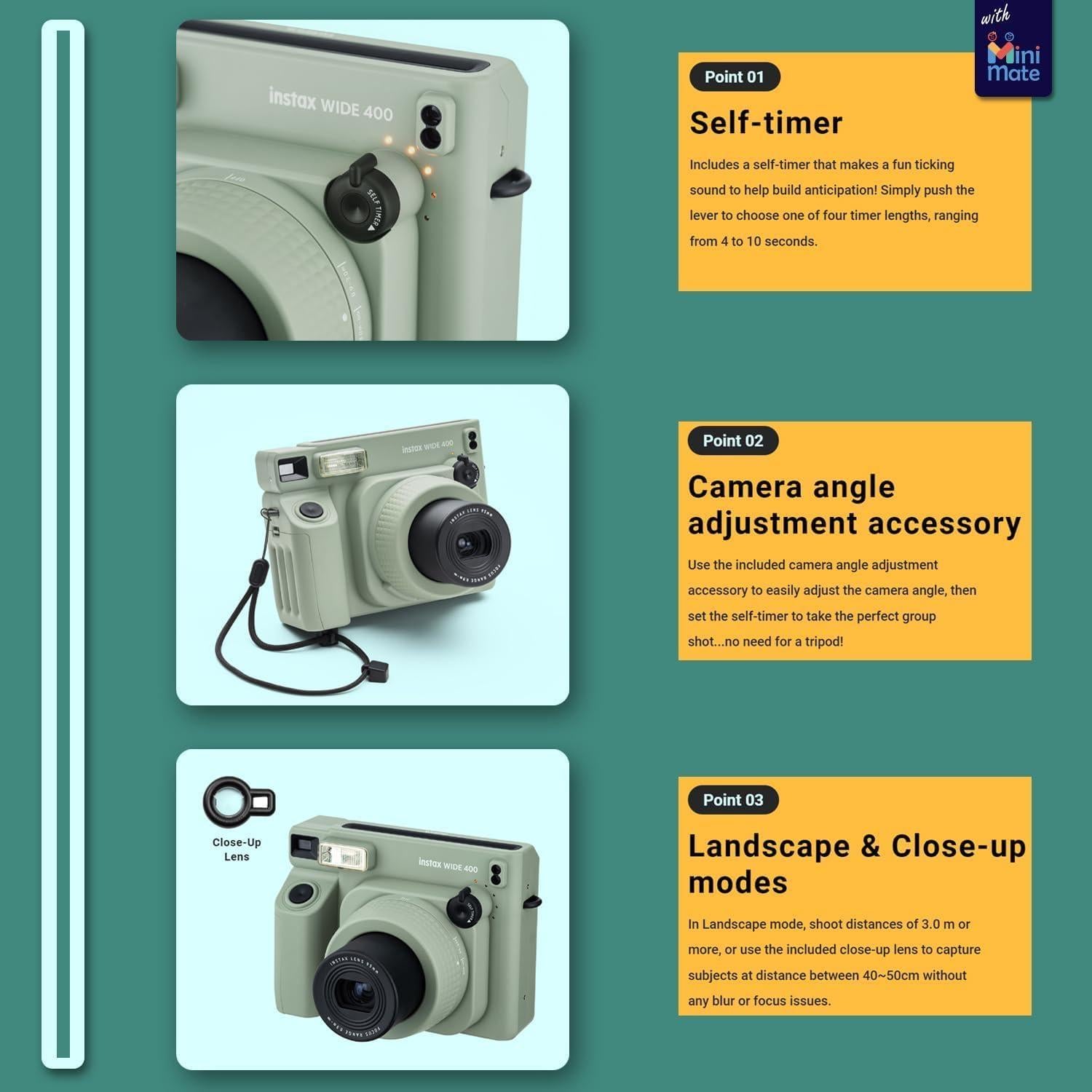 Cámara Instantánea Fujifilm Instax Wide 400 Verde + 2 Paquetes