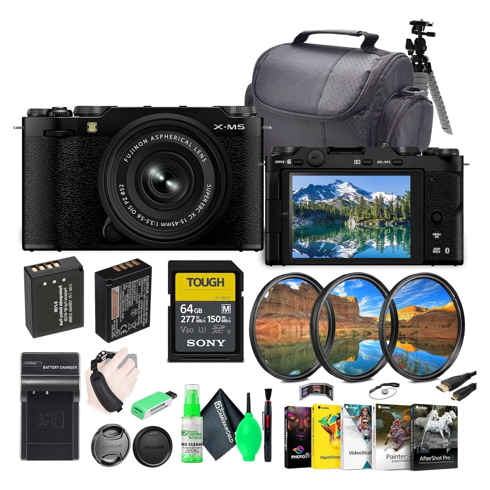 X-M5 Mirrorless Digital Camera with Fuji XC 15-45mm f/3.5-5.6 OIS PZ Lens Kit - Black Bundle with 64GB UHS-II SDXC Memory Card + Flexible Vlogger Tripod + Bag + Filter and More