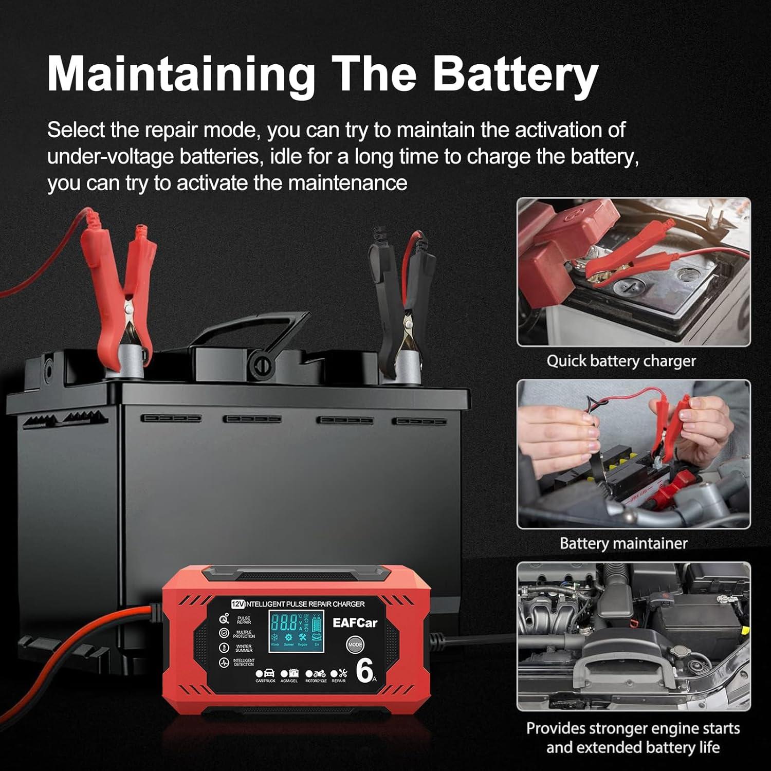 Cargador de Batería 12V EAFCar 6A Automático con LCD