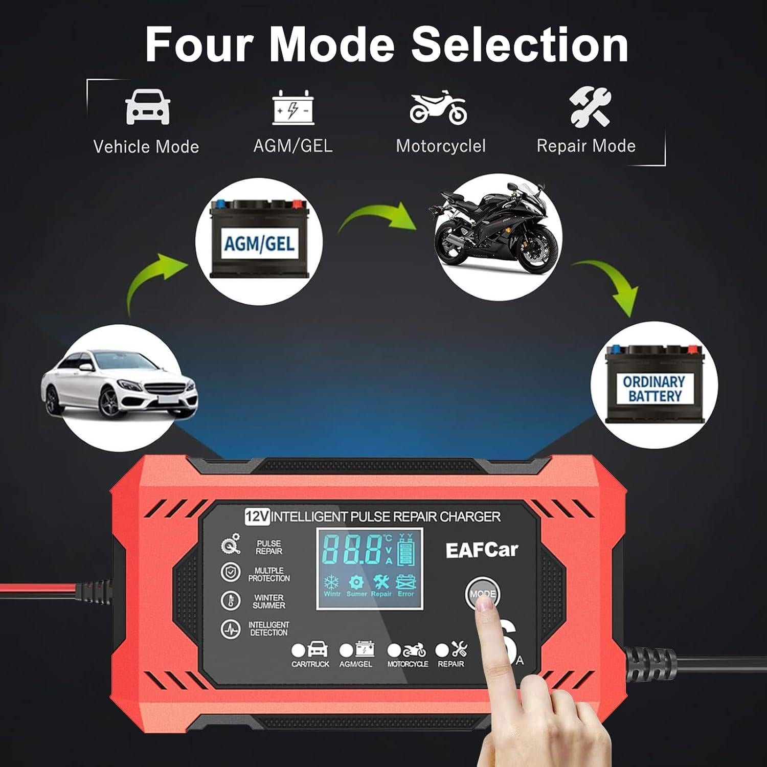 Cargador de Batería 12V EAFCar 6A Automático con LCD