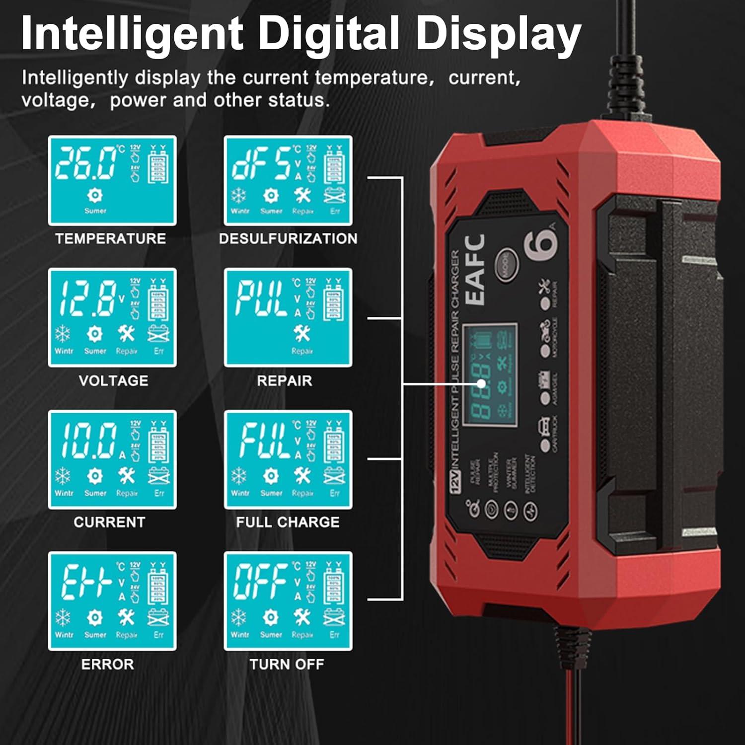 Cargador de Batería 12V EAFCar 6A Automático con LCD