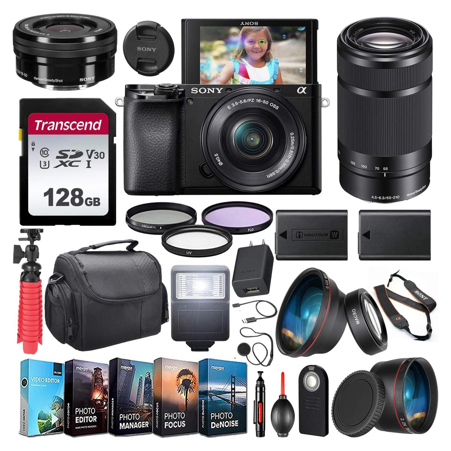 Alpha a6100 Mirrorless Camera UHD 4K 2 Lens Kit (ILCE6100Y/B) with 16-50mm & 55-210mm Lens + Extra Battery + Flash + Wide Angle & Telephoto Lens + Filters + 128GB U3 V30 Memory Accessory Bundle