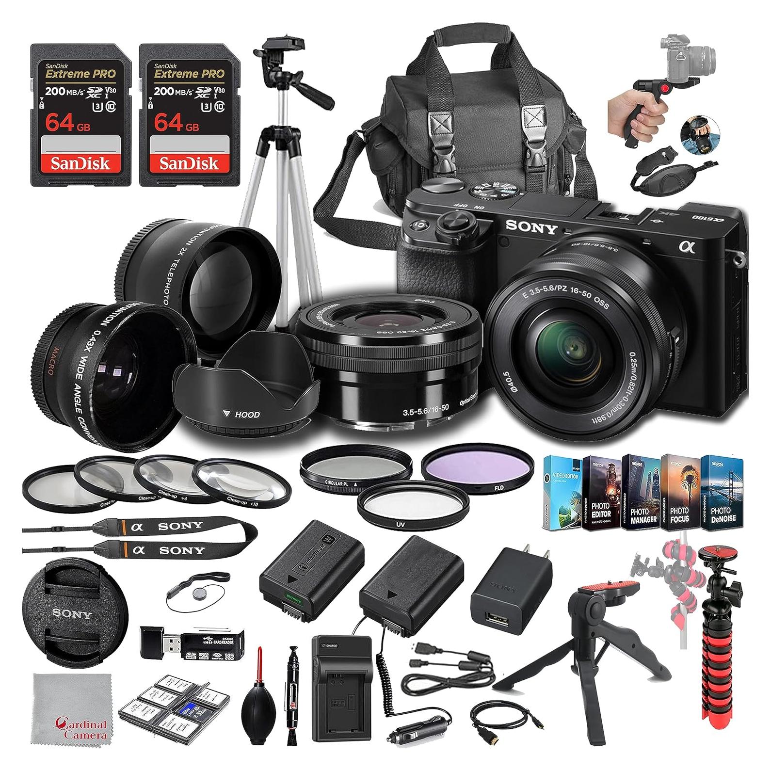 Sony a6100 Mirrorless Camera with 16-50mm Lens, 128GB Extreem Speed Memory,.43 Wide Angle & 2X Lenses, Case,Tripod, Filters, Hood, Grip,Spare Battery & Charger,Editing Software Kit -Deluxe Bundle