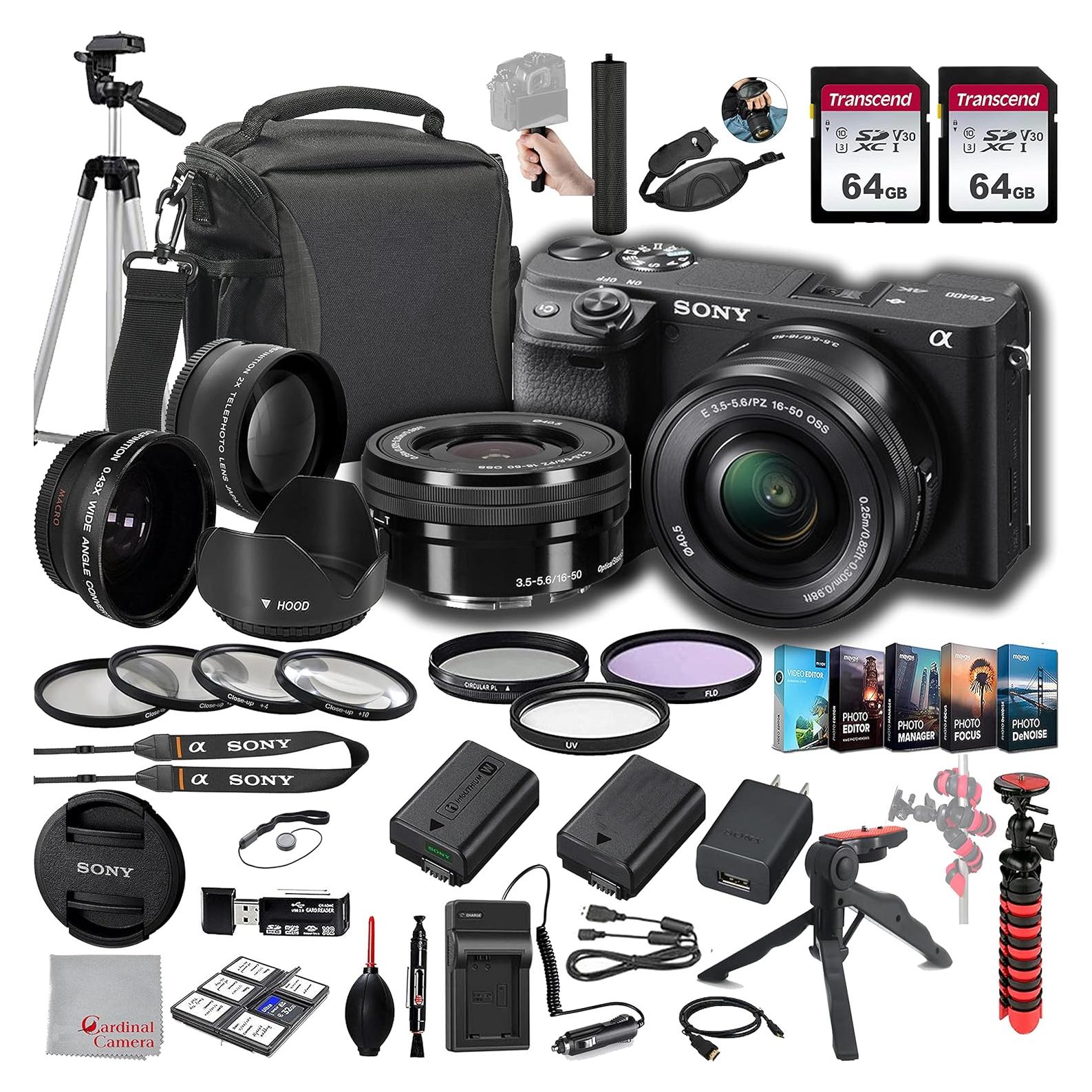 Sony a6400 Mirrorless Camera with 16-50mm Lens, 128GB Memory,.43 Wide Angle & 2X Lenses, Case. Tripod, Filters, Hood, Grip,Spare Battery & Charger, Video & Photo Editing Software Kit -Deluxe Bundle