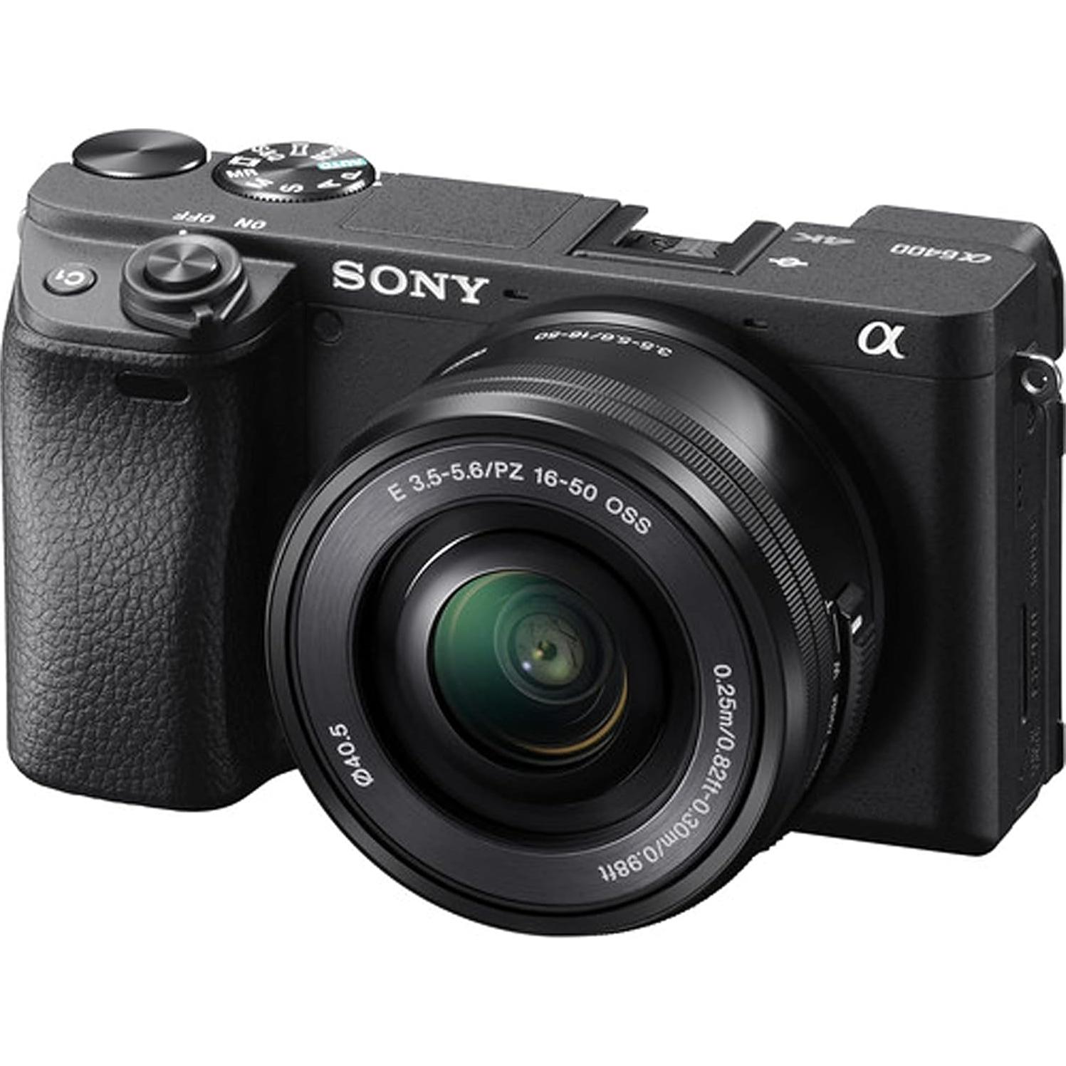 Sony a6400 Mirrorless Camera with 16-50mm Lens, 128GB Memory,.43 Wide Angle & 2X Lenses, Case. Tripod, Filters, Hood, Grip,Spare Battery & Charger, Video & Photo Editing Software Kit -Deluxe Bundle