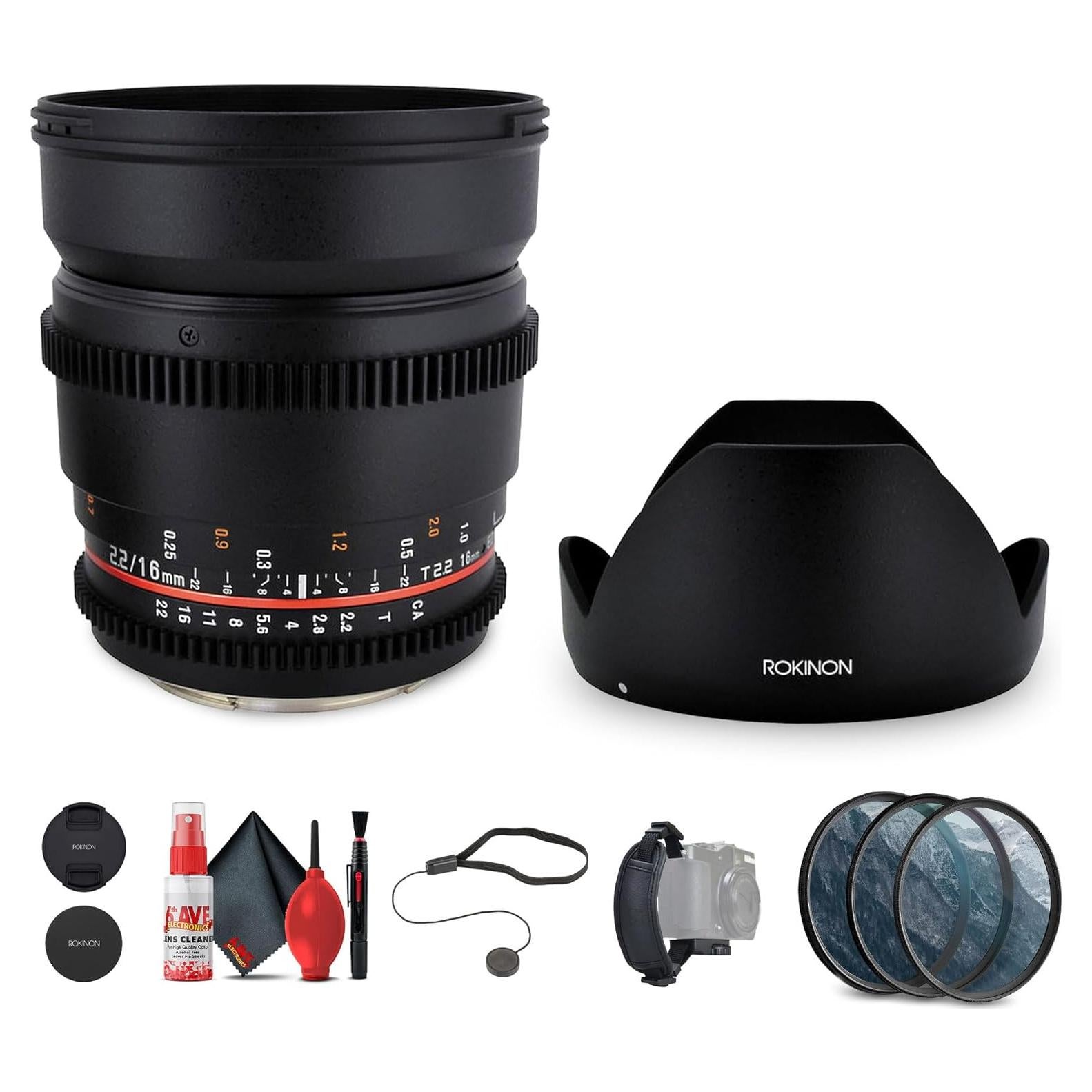 Lente Cine Rokinon 16mm T2.2 para Nikon F + Kit de Filtros
