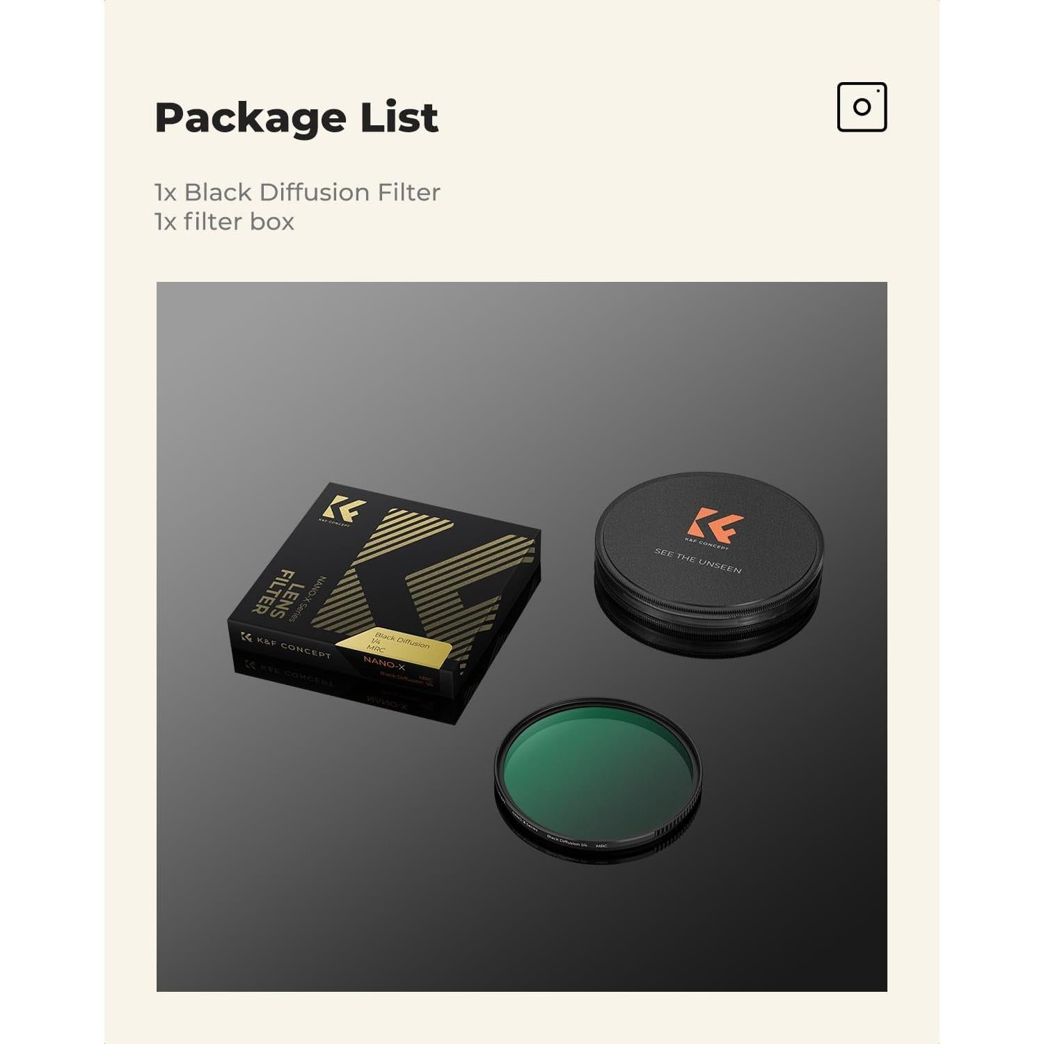 Filtro de Difusión Negra 1/4 K&F Concept 49mm Efecto Cinemático