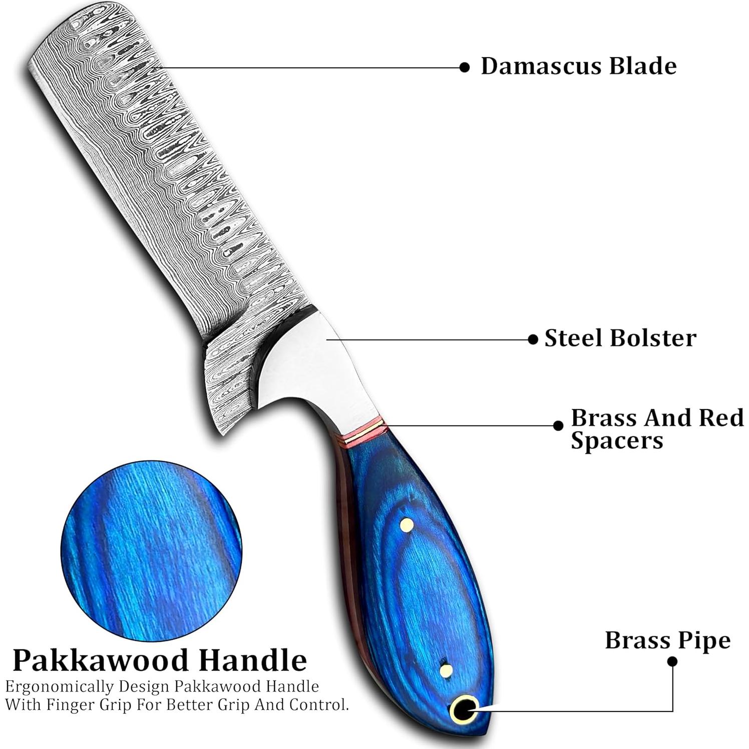 Cuchillo de caza Damasco HN Knives 17.78 cm con funda de cuero