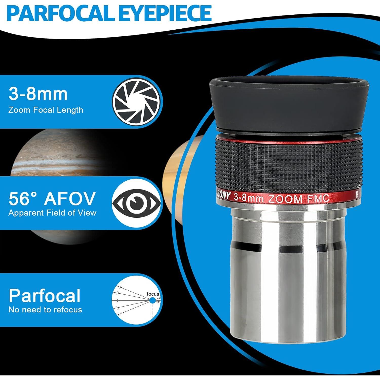 Ocular Zoom SVBONY SV215 1.25" 3-8mm Parfocal + SV191 7.2-21.6mm