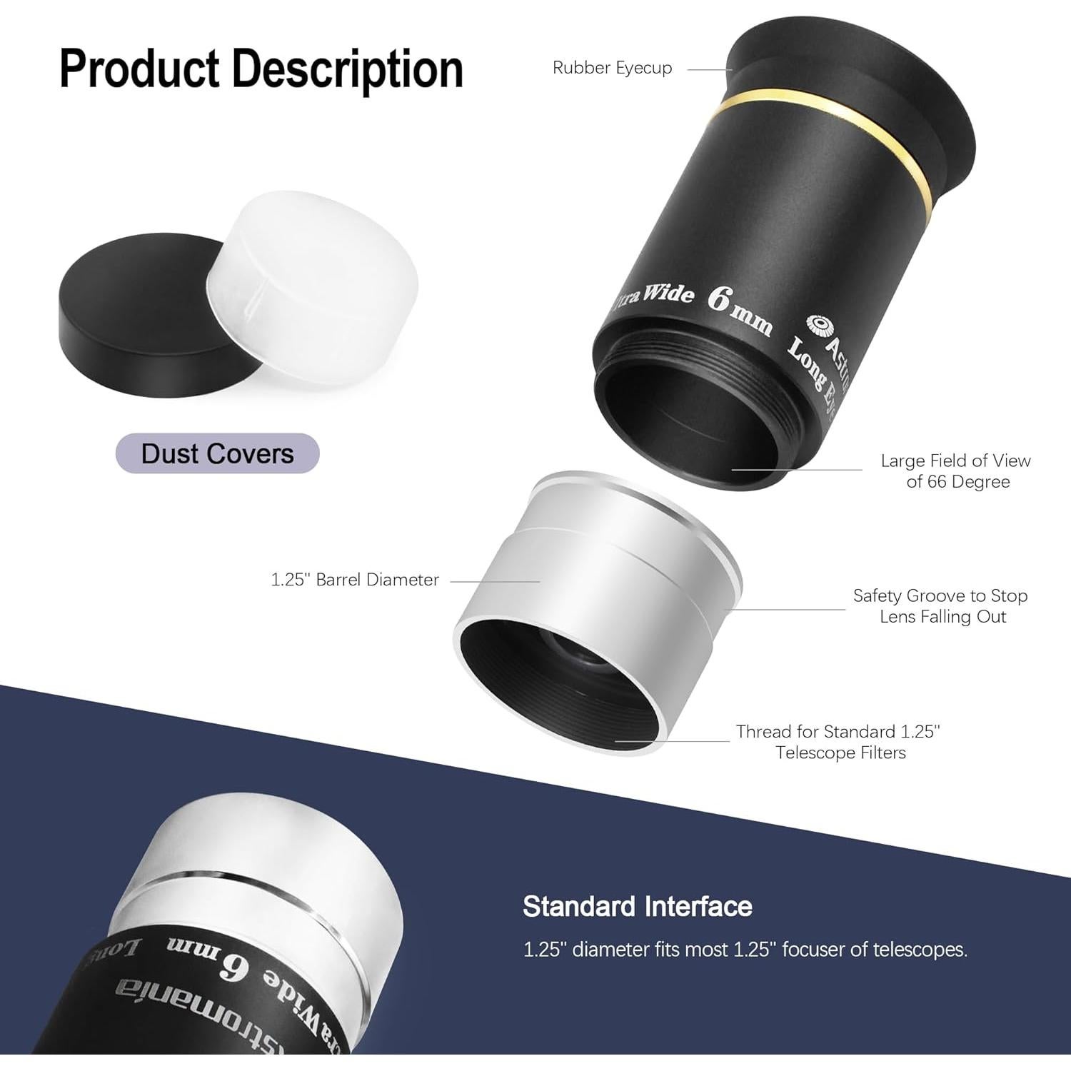 Ocular Astromania 1.25" 66° Ultra Gran Angular + 6 Filtros
