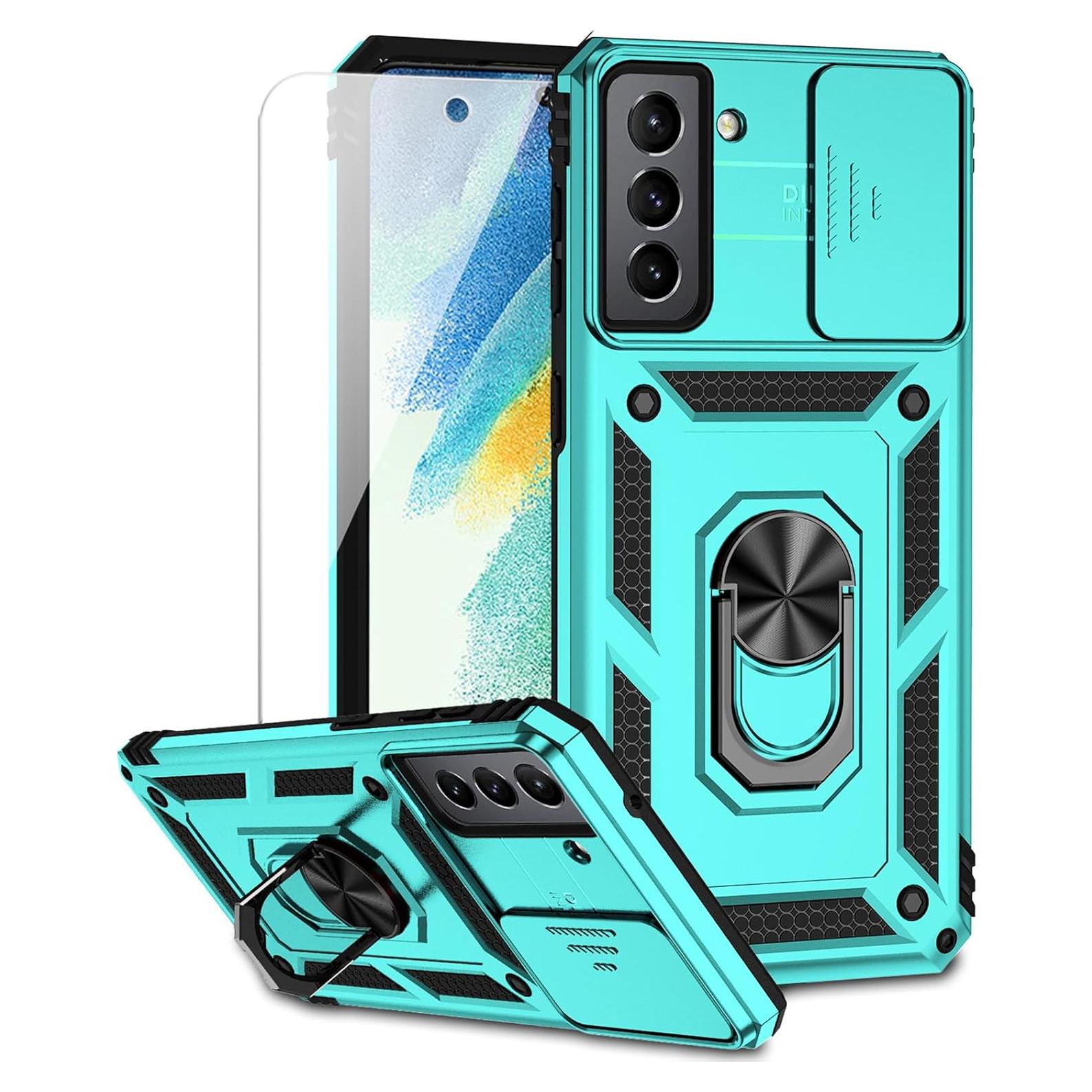 for Samsung Galaxy S21 FE 5G Case with Camera Lens Cover HD Screen Protector, Military-Grade Drop Tested Magnetic Ring Holder Kickstand Protective Phone Case for Samsung Galaxy S21 FE 5G (Mint)