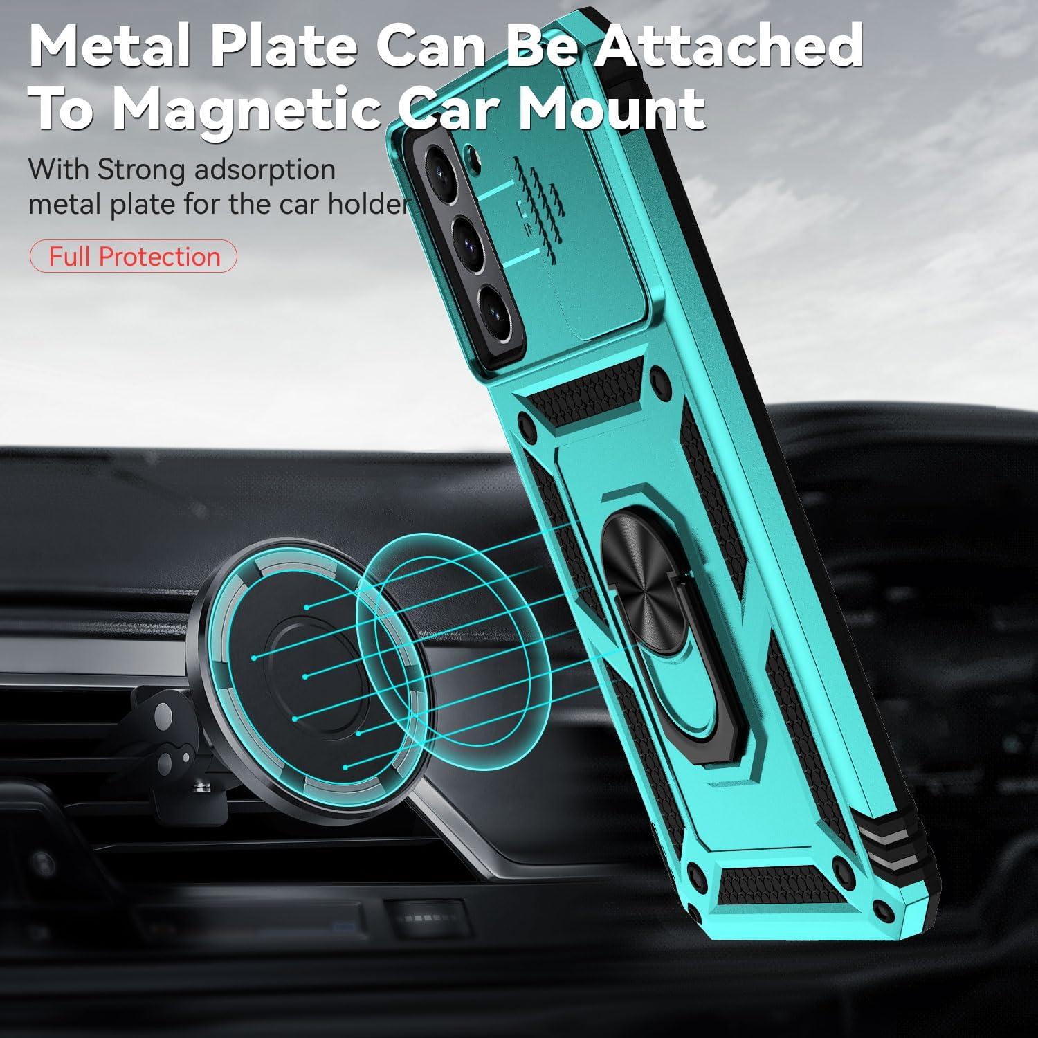 for Samsung Galaxy S21 FE 5G Case with Camera Lens Cover HD Screen Protector, Military-Grade Drop Tested Magnetic Ring Holder Kickstand Protective Phone Case for Samsung Galaxy S21 FE 5G (Mint)