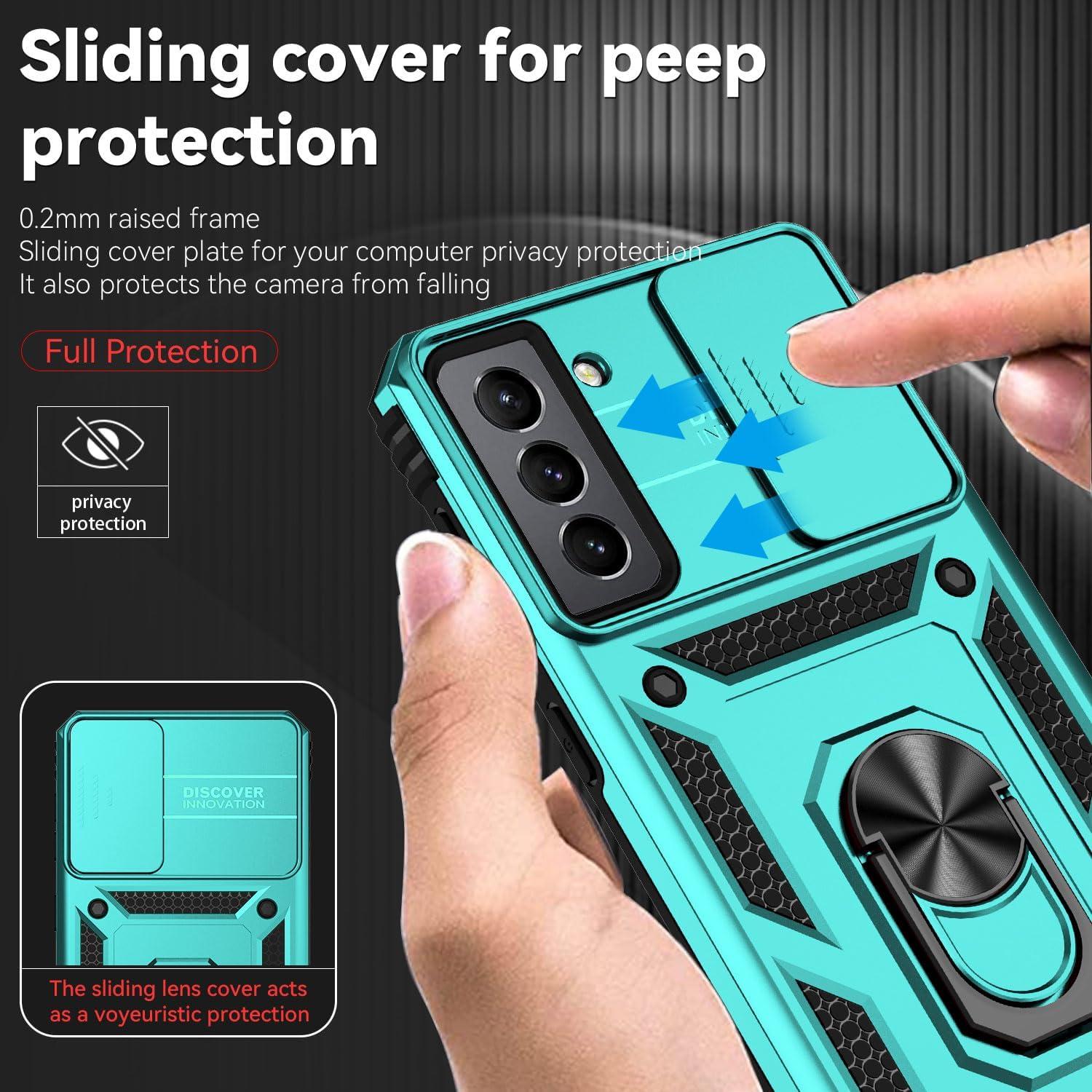 for Samsung Galaxy S21 FE 5G Case with Camera Lens Cover HD Screen Protector, Military-Grade Drop Tested Magnetic Ring Holder Kickstand Protective Phone Case for Samsung Galaxy S21 FE 5G (Mint)