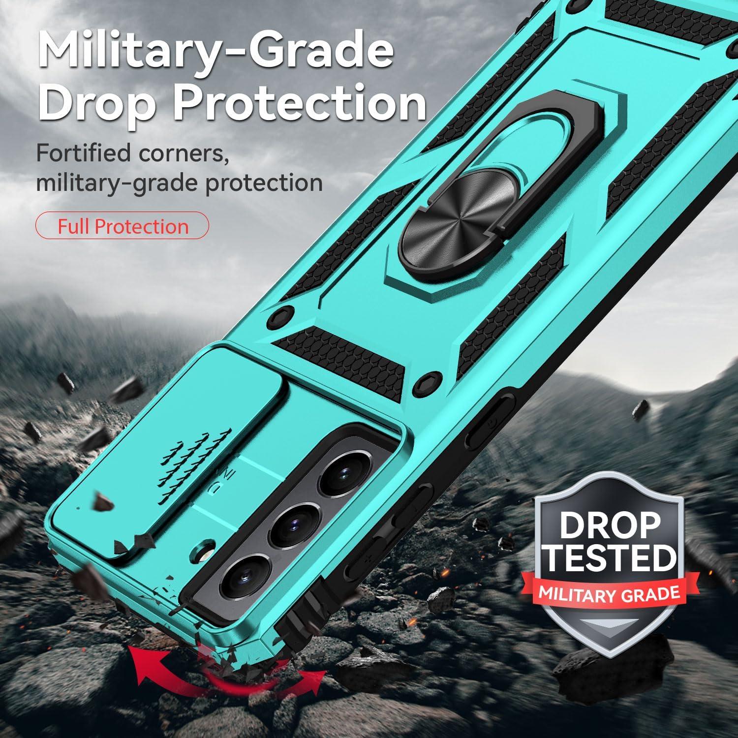 for Samsung Galaxy S21 FE 5G Case with Camera Lens Cover HD Screen Protector, Military-Grade Drop Tested Magnetic Ring Holder Kickstand Protective Phone Case for Samsung Galaxy S21 FE 5G (Mint)