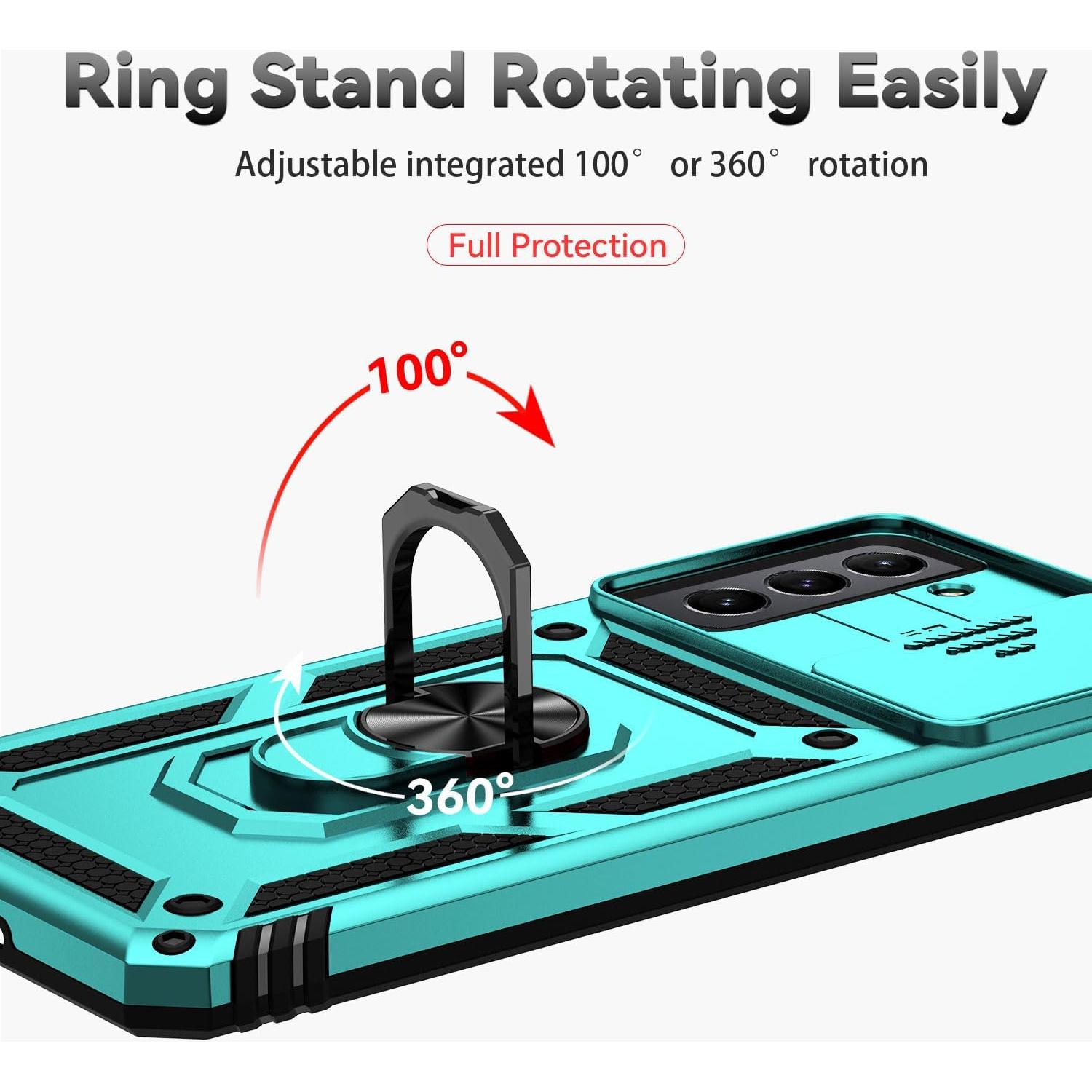 for Samsung Galaxy S21 FE 5G Case with Camera Lens Cover HD Screen Protector, Military-Grade Drop Tested Magnetic Ring Holder Kickstand Protective Phone Case for Samsung Galaxy S21 FE 5G (Mint)