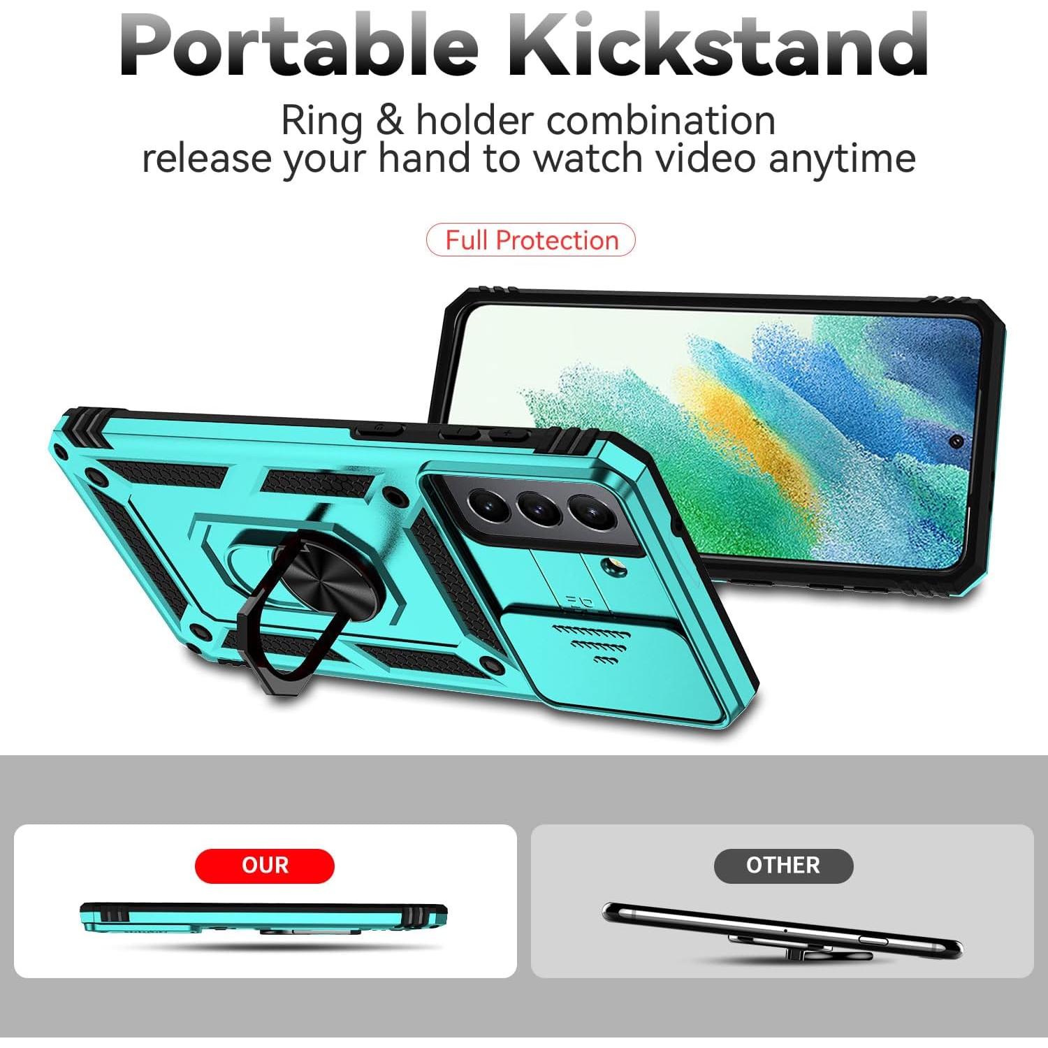 for Samsung Galaxy S21 FE 5G Case with Camera Lens Cover HD Screen Protector, Military-Grade Drop Tested Magnetic Ring Holder Kickstand Protective Phone Case for Samsung Galaxy S21 FE 5G (Mint)